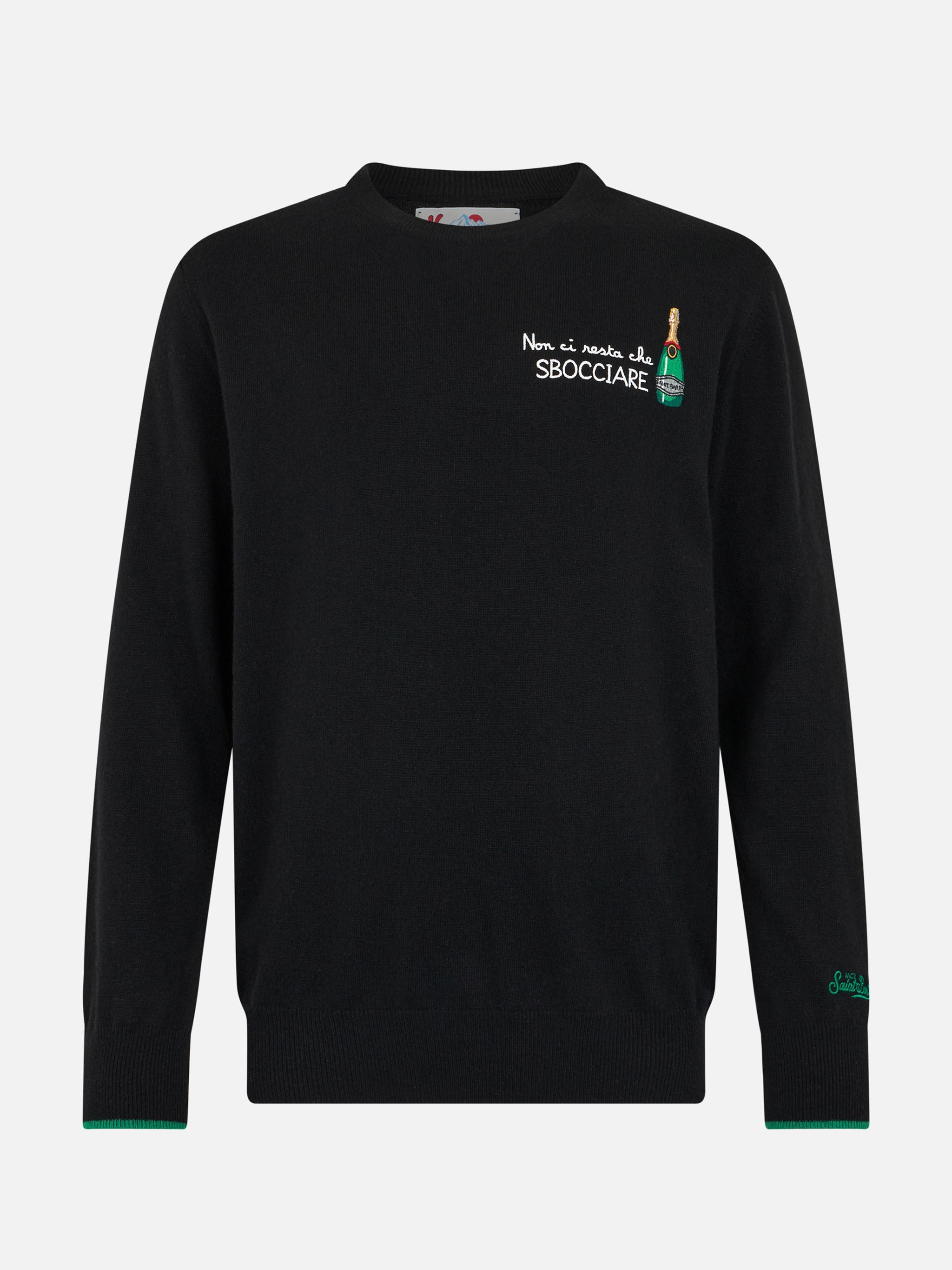 Crewneck Sweater Heron With Non Ci Resta Che Sbocciare Embroidery Black