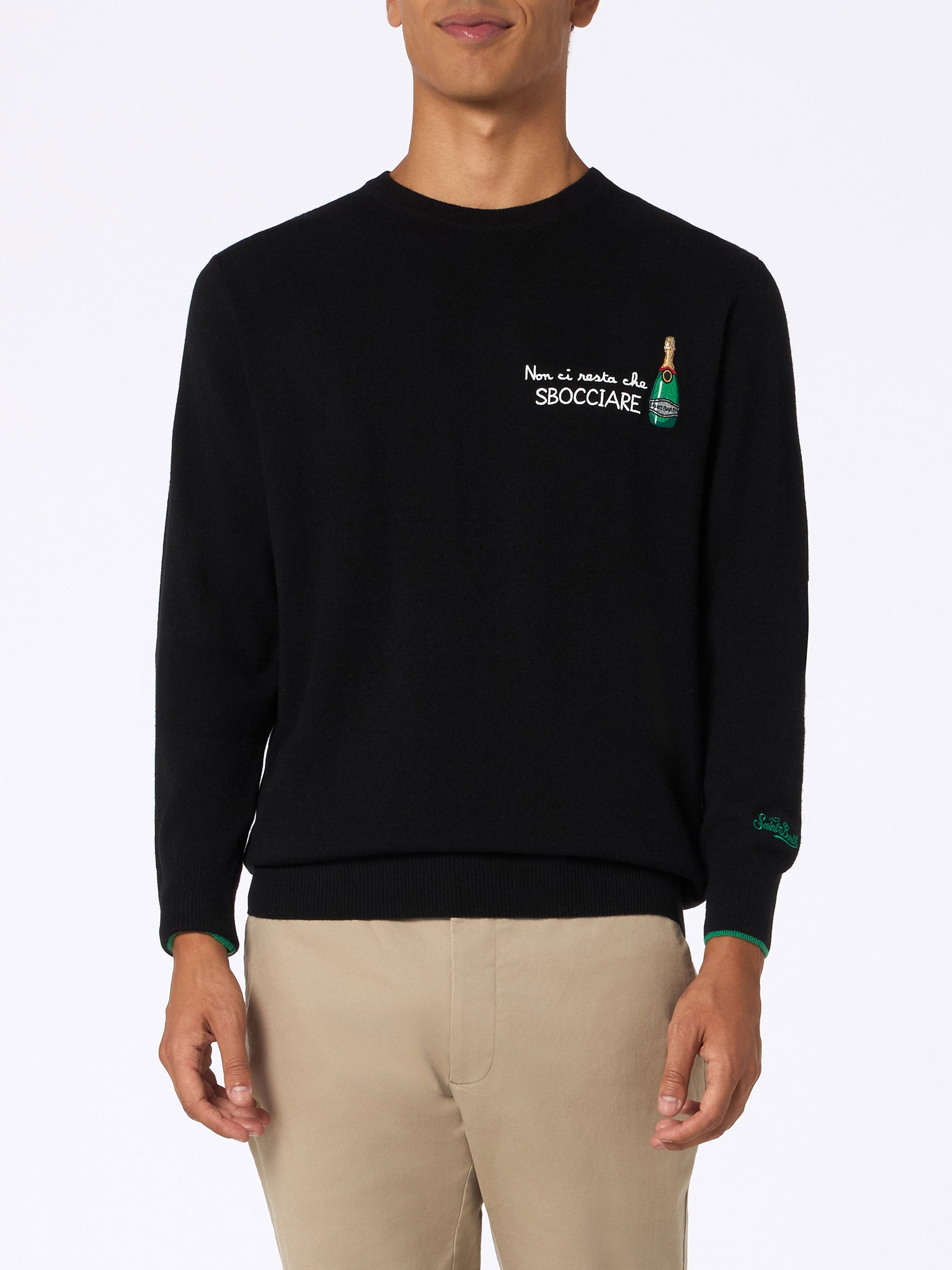 Crewneck Sweater Heron With Non Ci Resta Che Sbocciare Embroidery Black