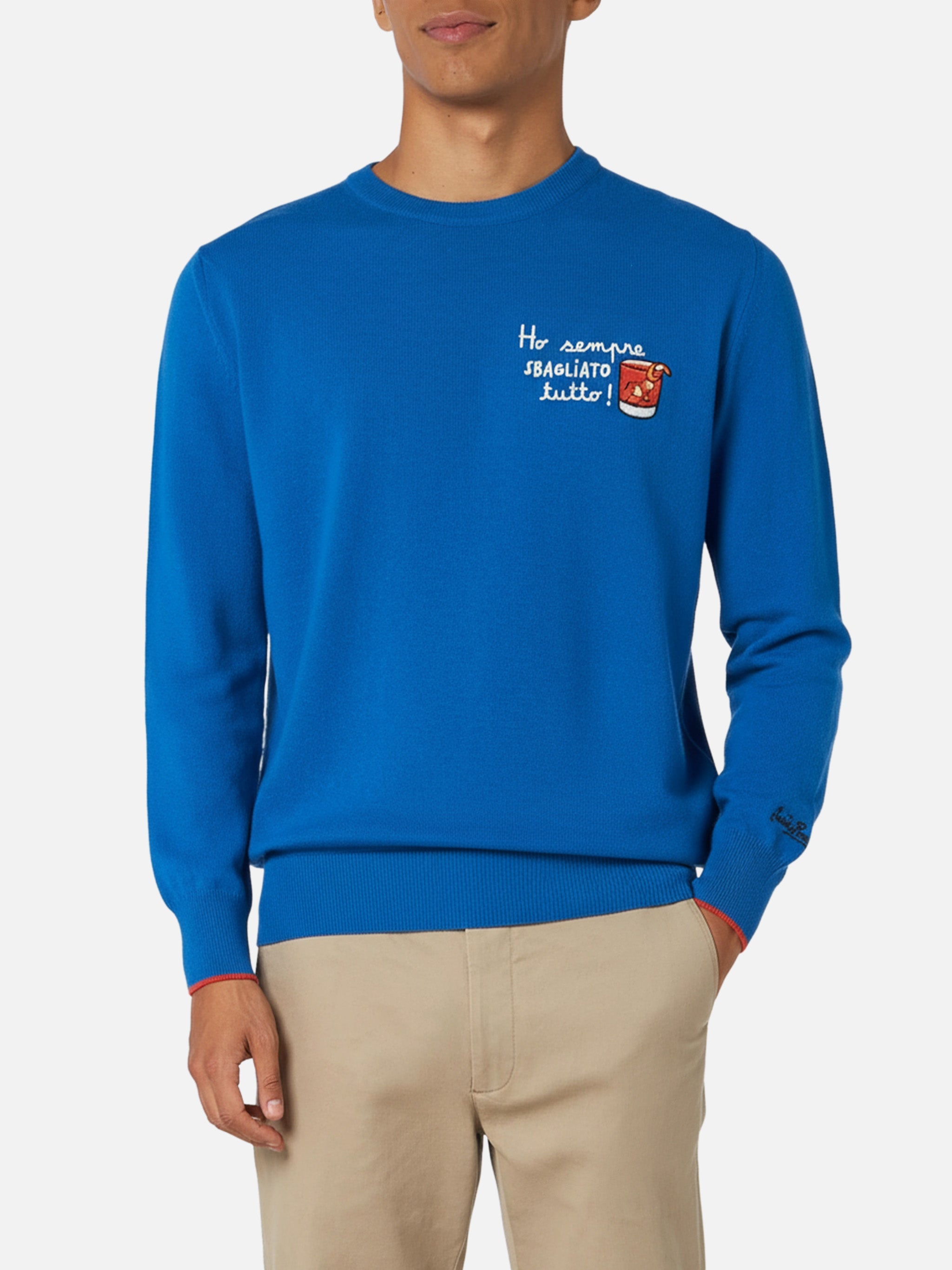 Crewneck Sweater Heron With Ho Sempre Sbagliato Tutto Embroidery Blue