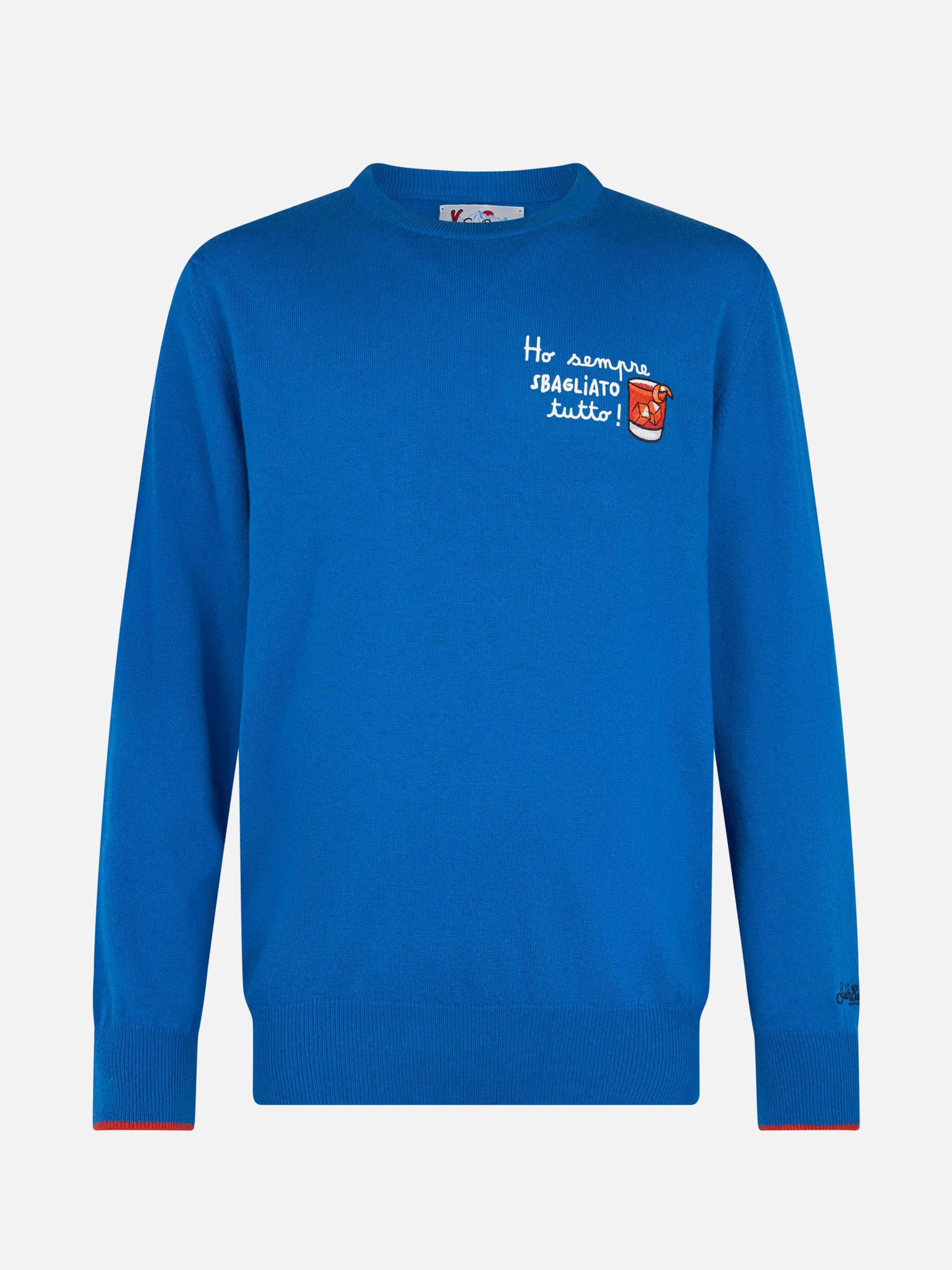 Crewneck Sweater Heron With Ho Sempre Sbagliato Tutto Embroidery Blue