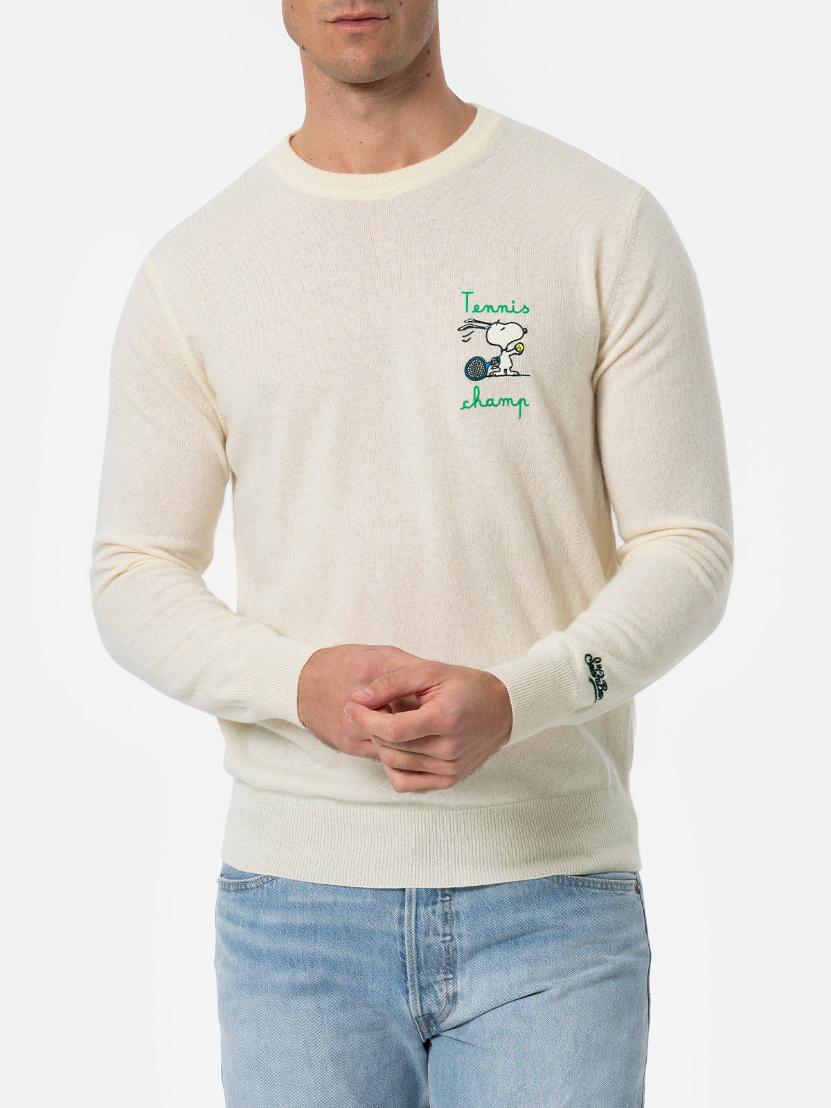 Crewneck Sweater Heron With Snoopy Tennis Champ Embroidery | Peanuts Special Edition White