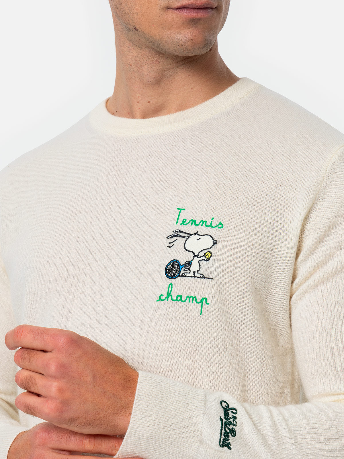 Crewneck Sweater Heron With Snoopy Tennis Champ Embroidery | Peanuts Special Edition White