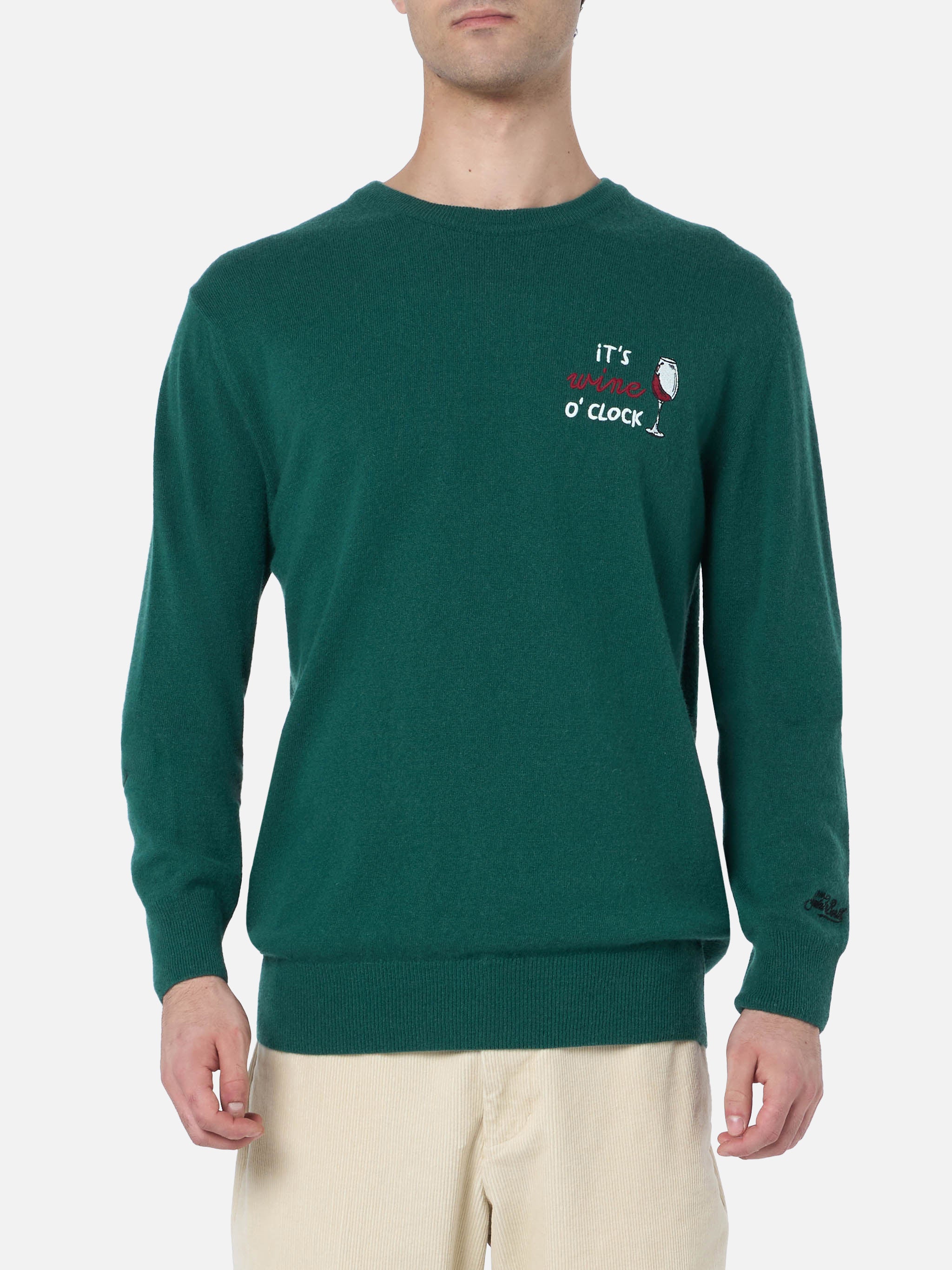 Crewneck Sweater Heron With Its Wine Oclock Embroidery Green