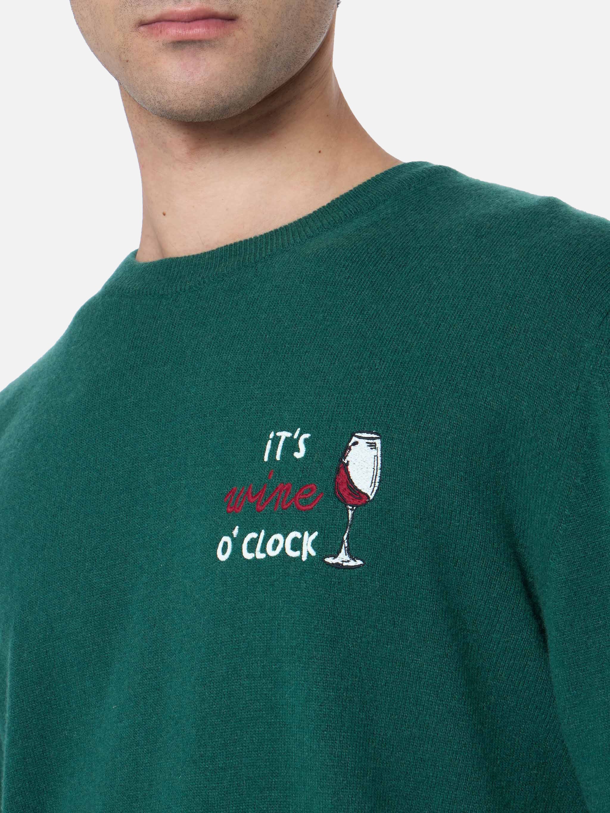Crewneck Sweater Heron With Its Wine Oclock Embroidery Green