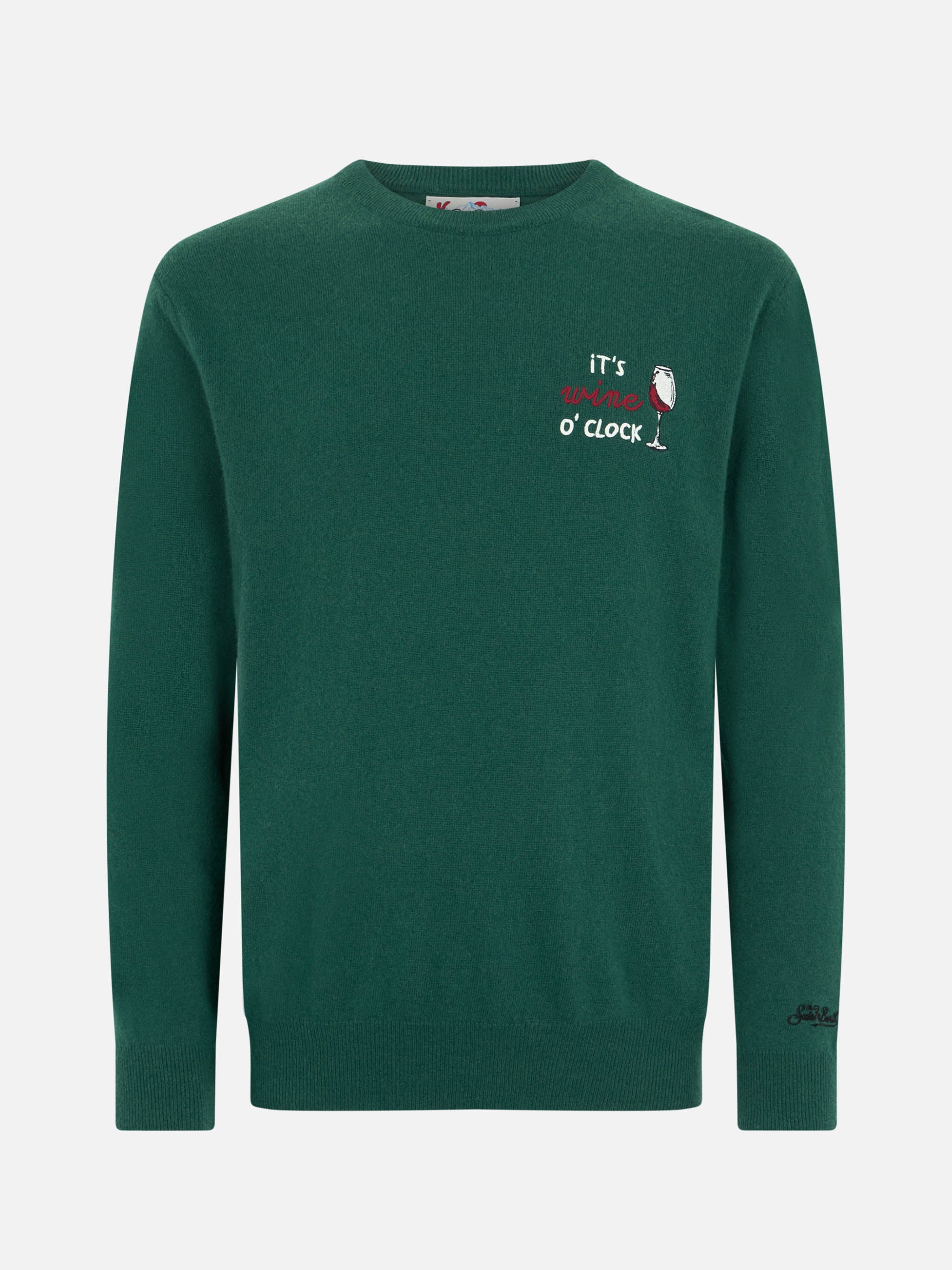 Crewneck Sweater Heron With Its Wine Oclock Embroidery Green
