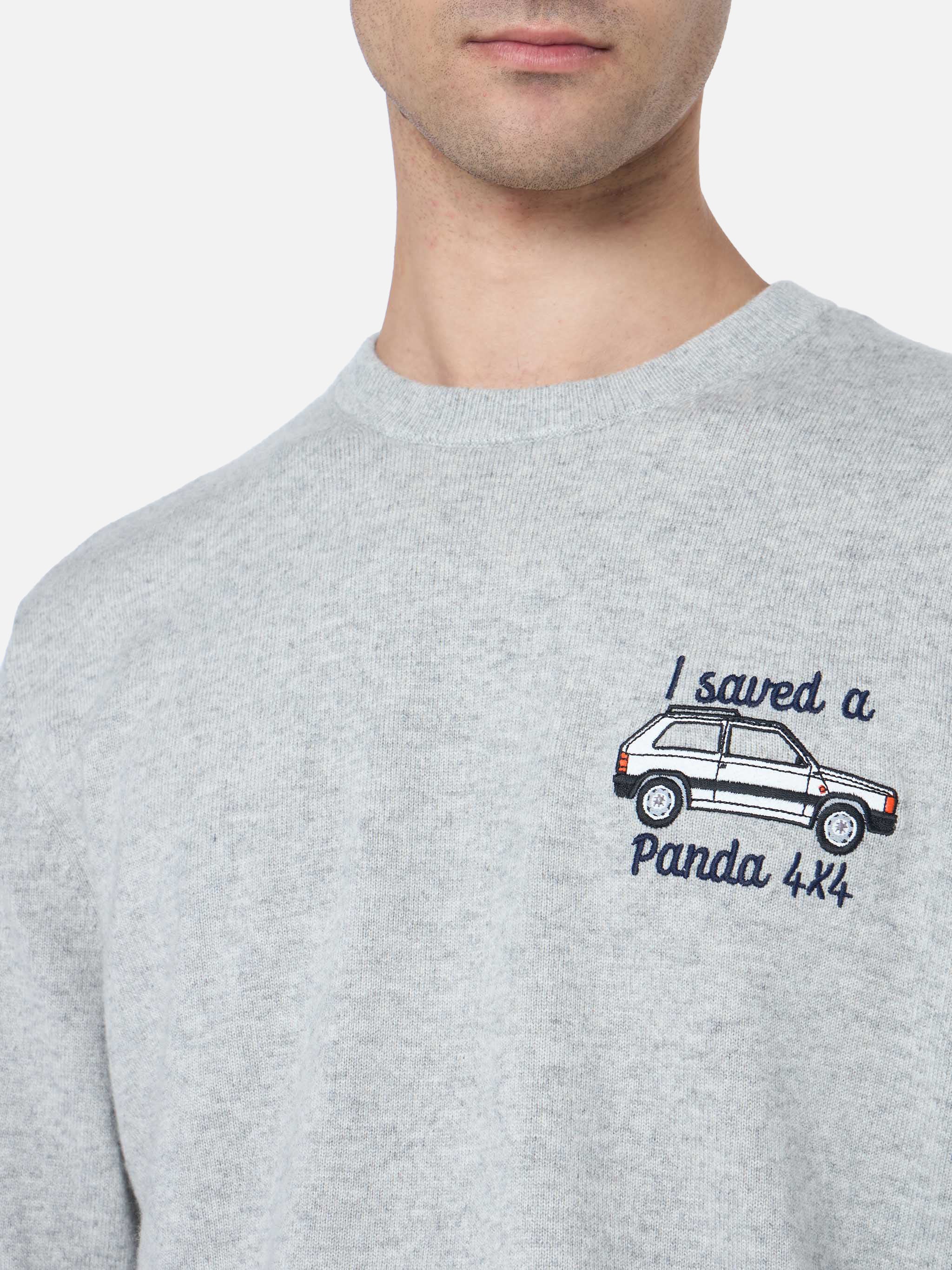 Crewneck Sweater Heron With I Saved A Panda 4x4 Embroidery | Fiat Special Edition Grey