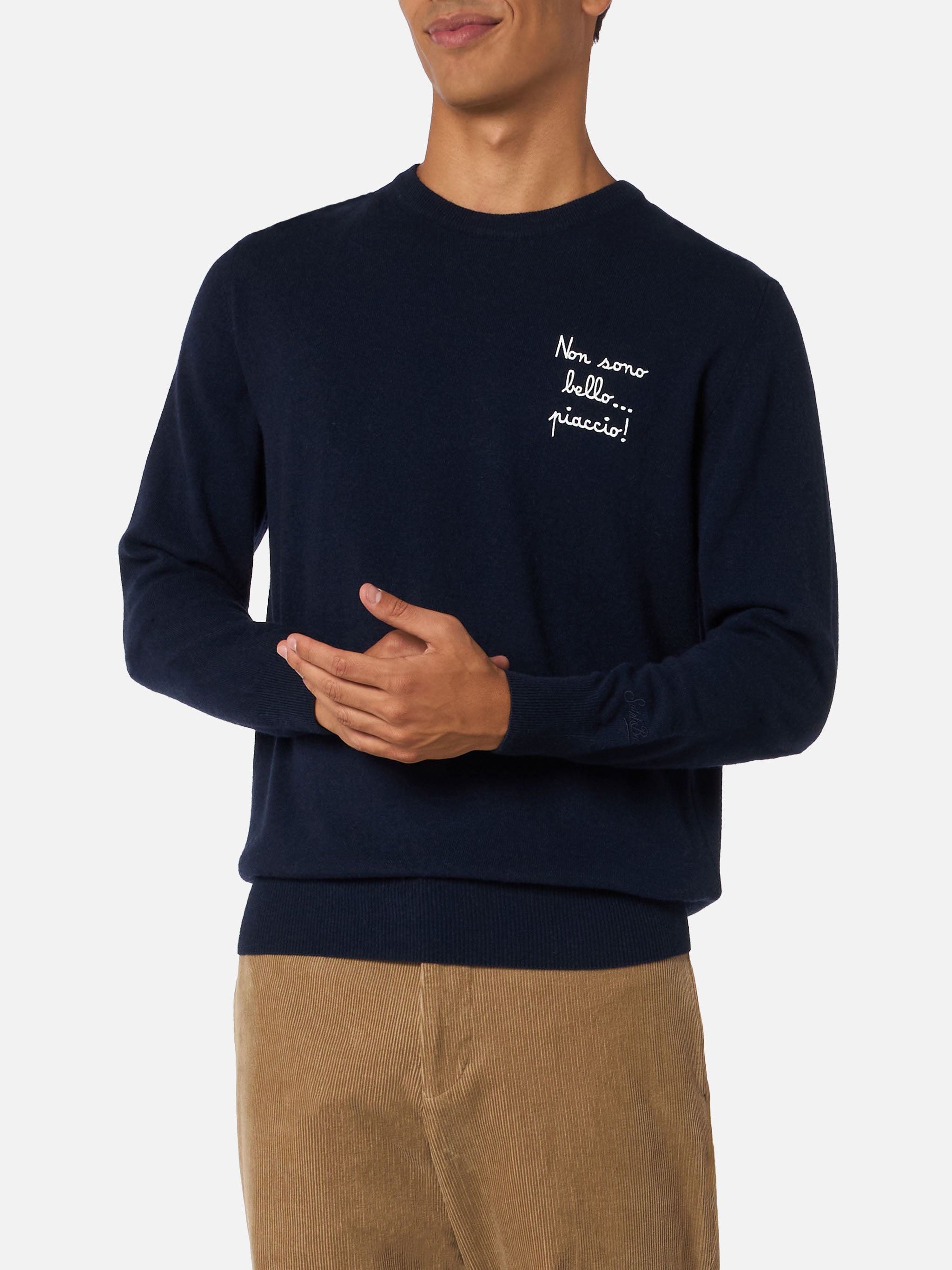 Crewneck Sweater Heron Light With Non Sono Bello, Piaccio! Embroidery | Vacanze Di Natale Special Edition Blue