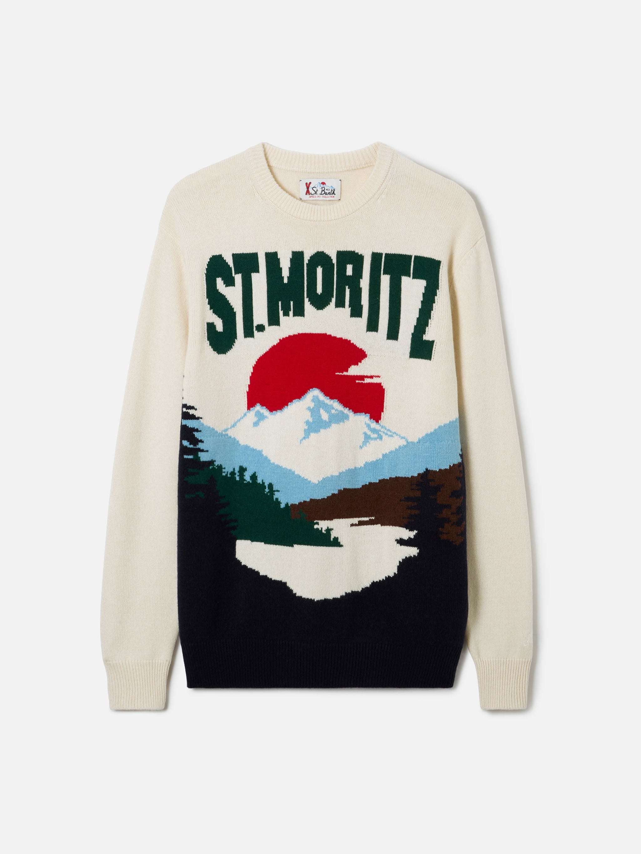 Crewneck Sweater Heron With St. Moritz Postcard Jacquard White
