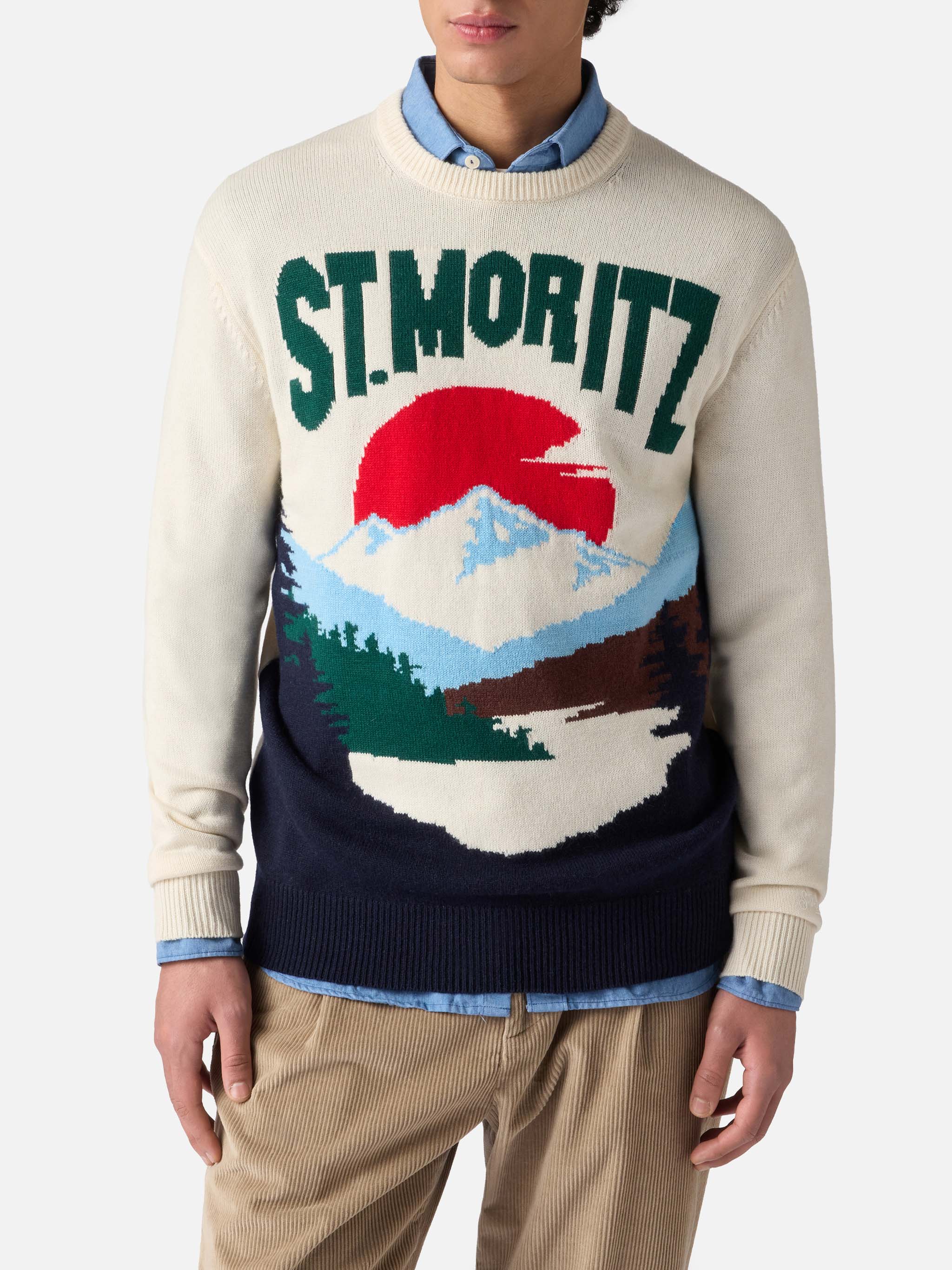Crewneck Sweater Heron With St. Moritz Postcard Jacquard White