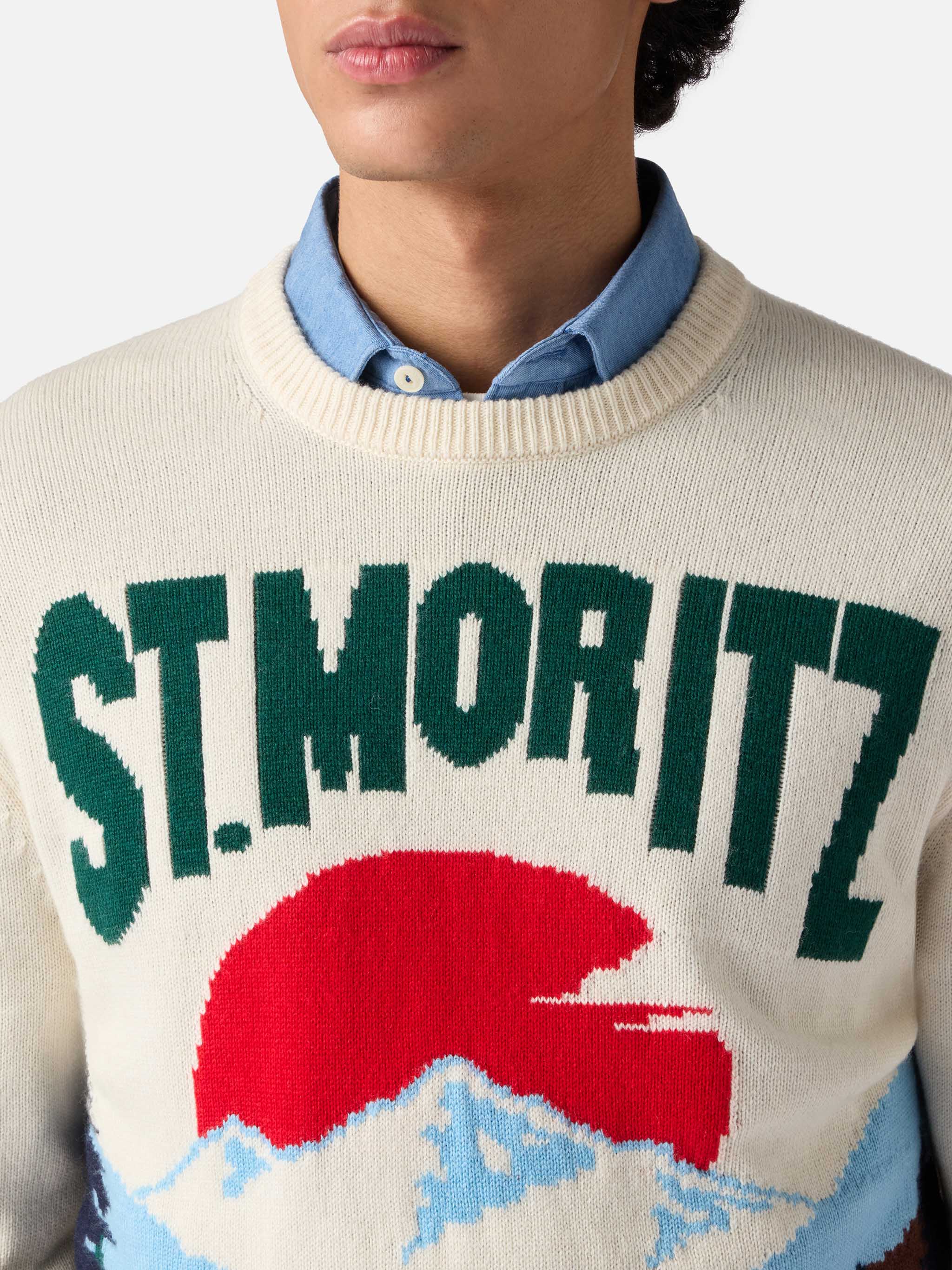 Crewneck Sweater Heron With St. Moritz Postcard Jacquard White