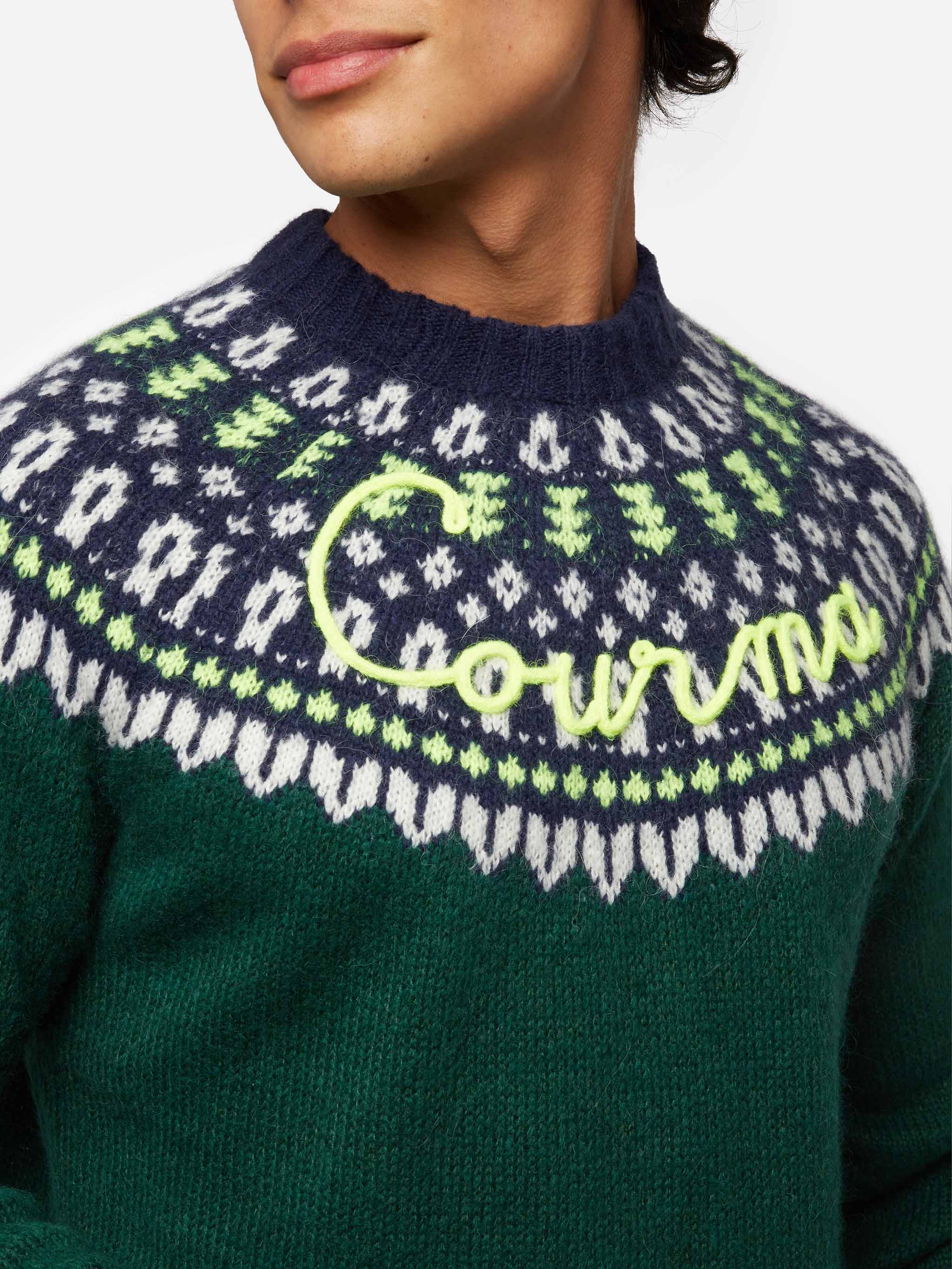 Alpaca Sweater Heron Nordic Soft With Fair Isle Jacquard And Courma Embroidery Green