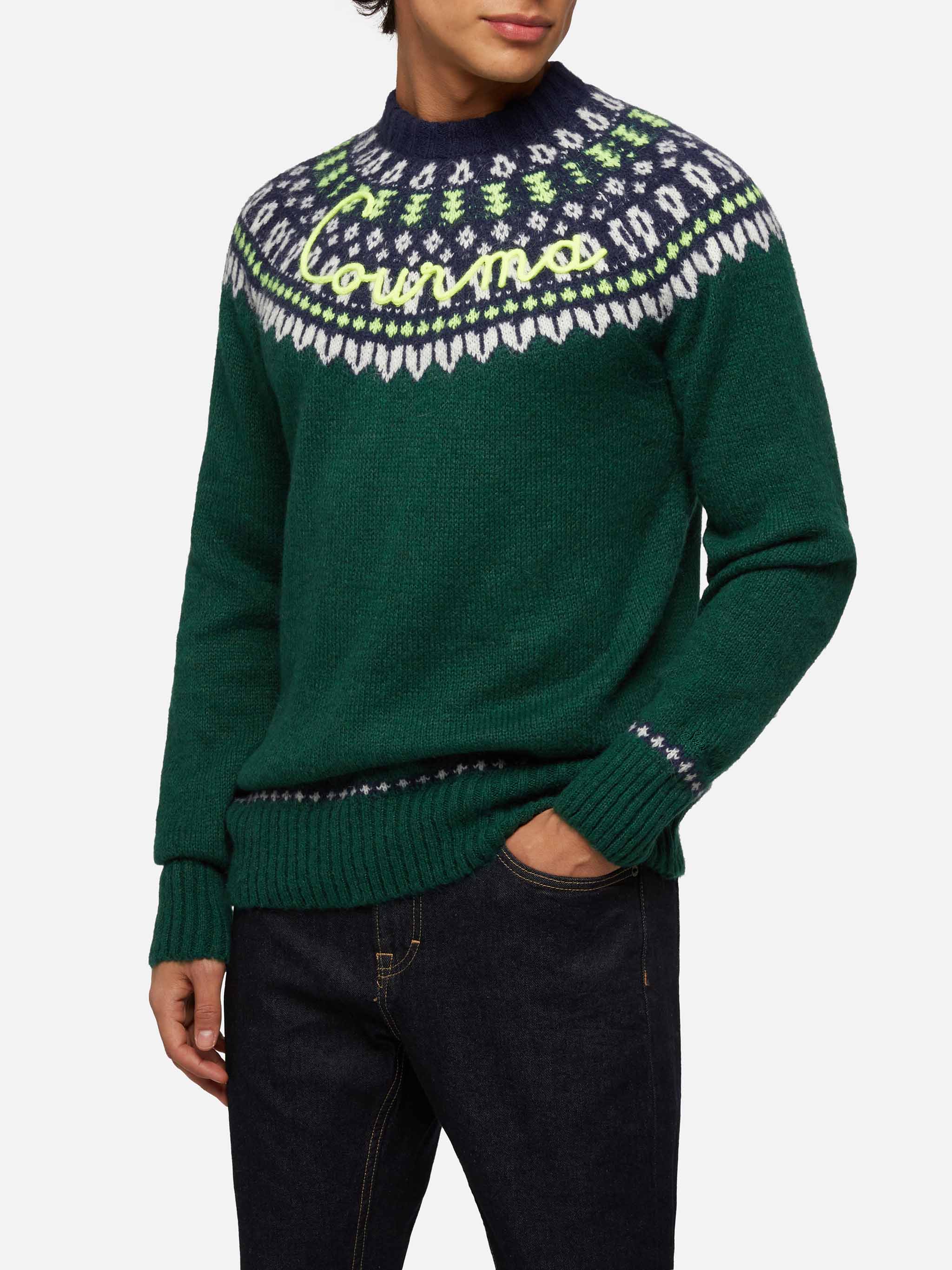 Alpaca Sweater Heron Nordic Soft With Fair Isle Jacquard And Courma Embroidery Green