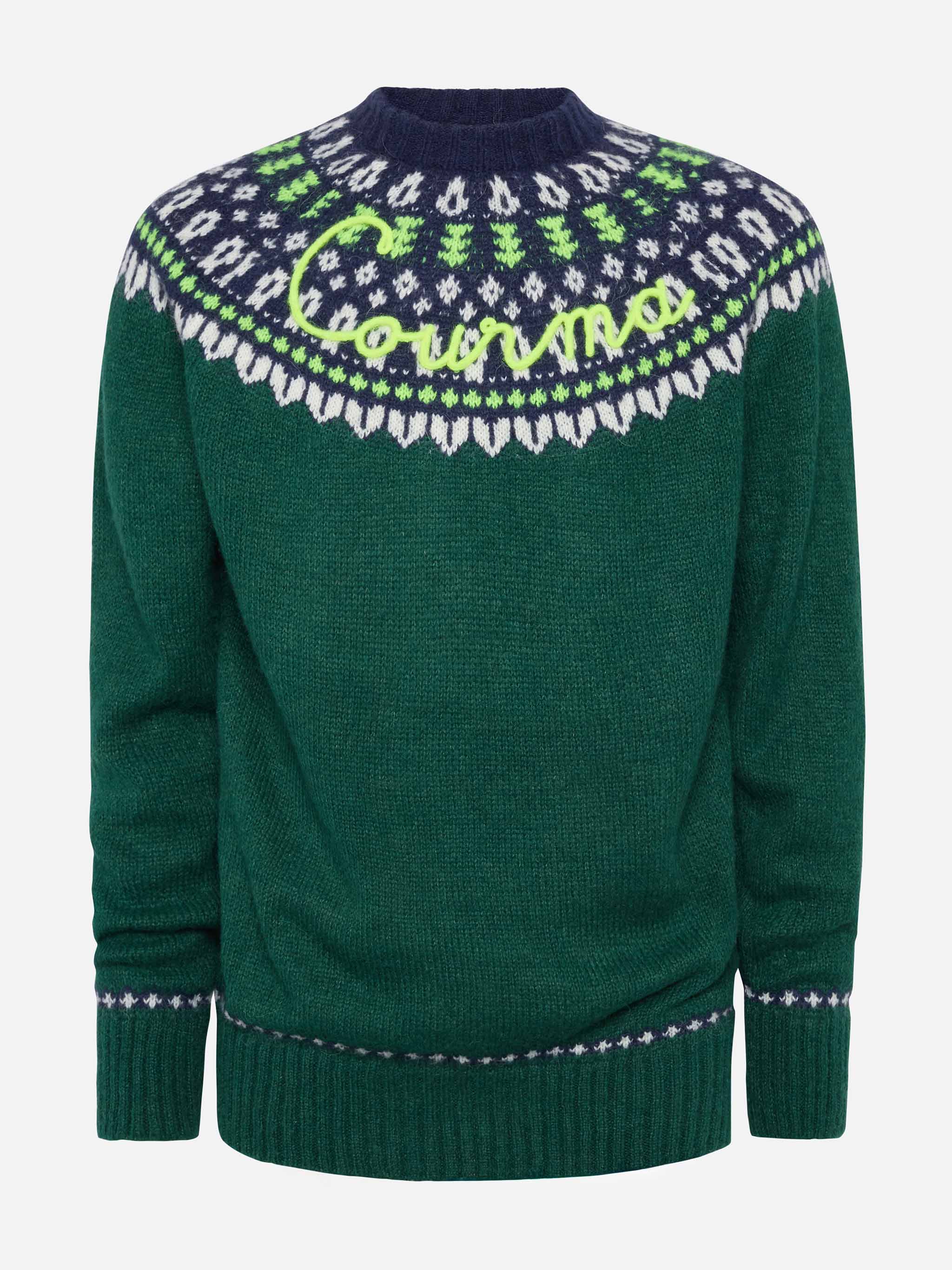 Alpaca Sweater Heron Nordic Soft With Fair Isle Jacquard And Courma Embroidery Green