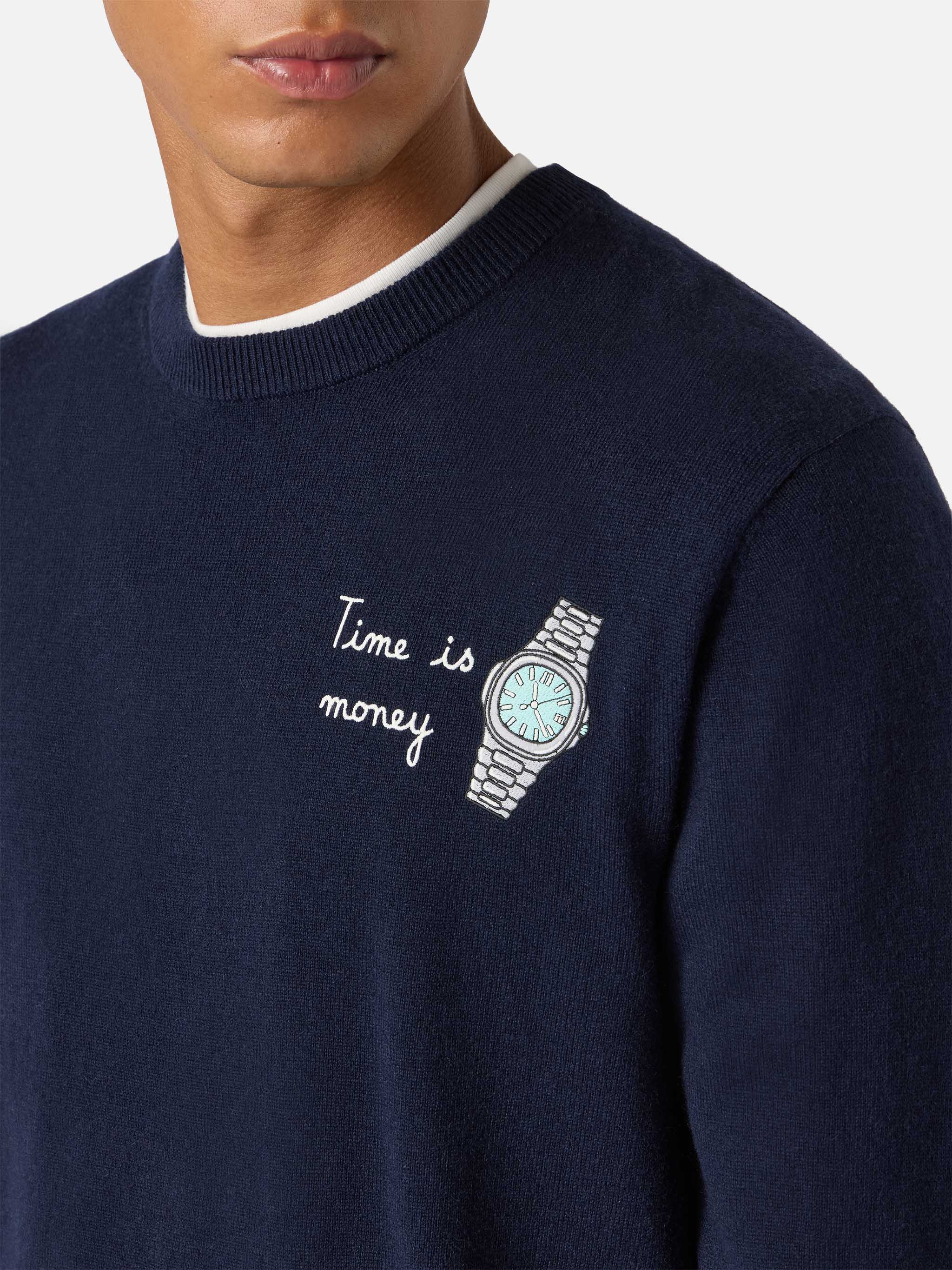 Crewneck Sweater Heron Light With Time Is Money Clock Embroidery Blue