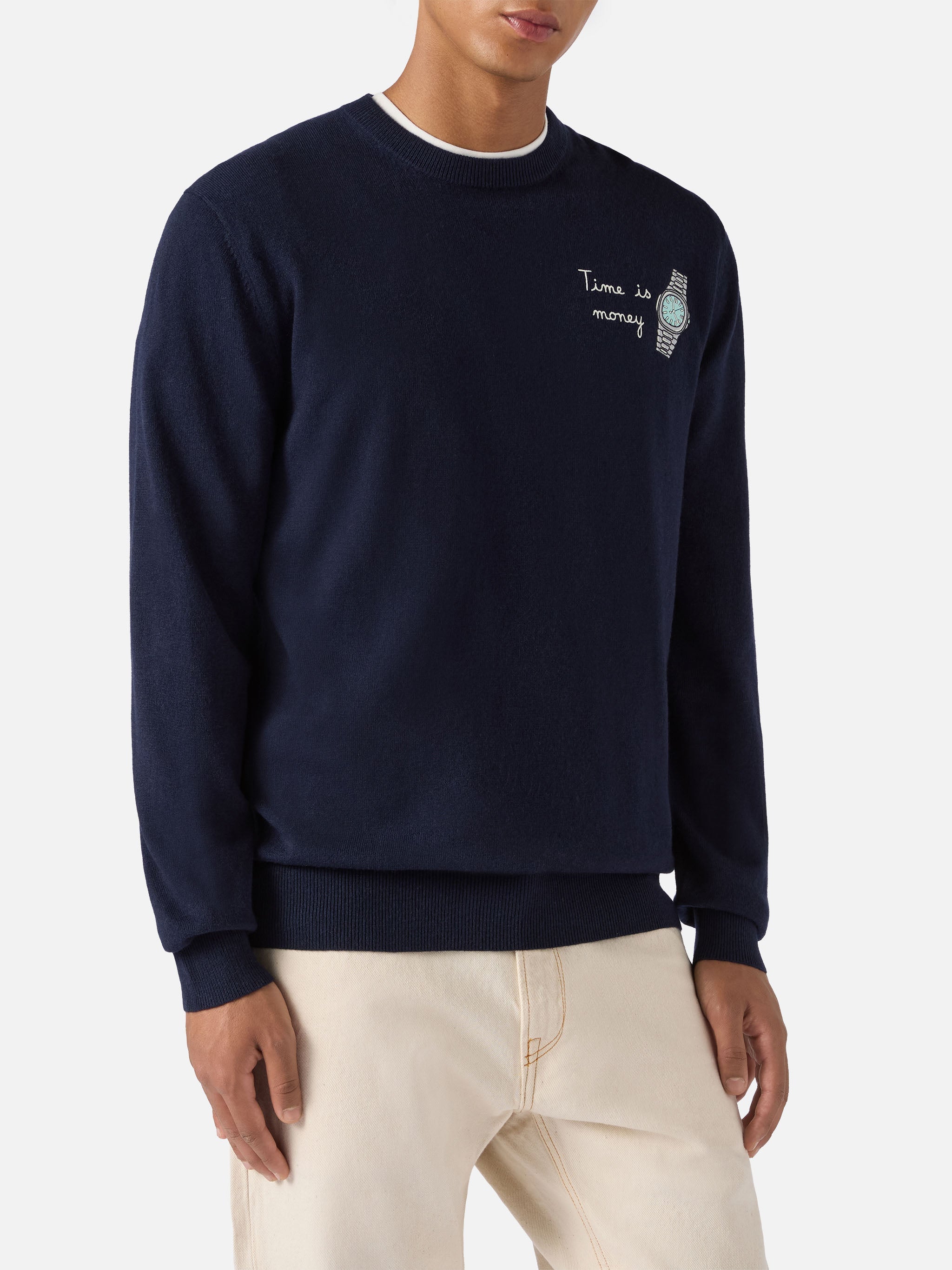 Crewneck Sweater Heron Light With Time Is Money Clock Embroidery Blue