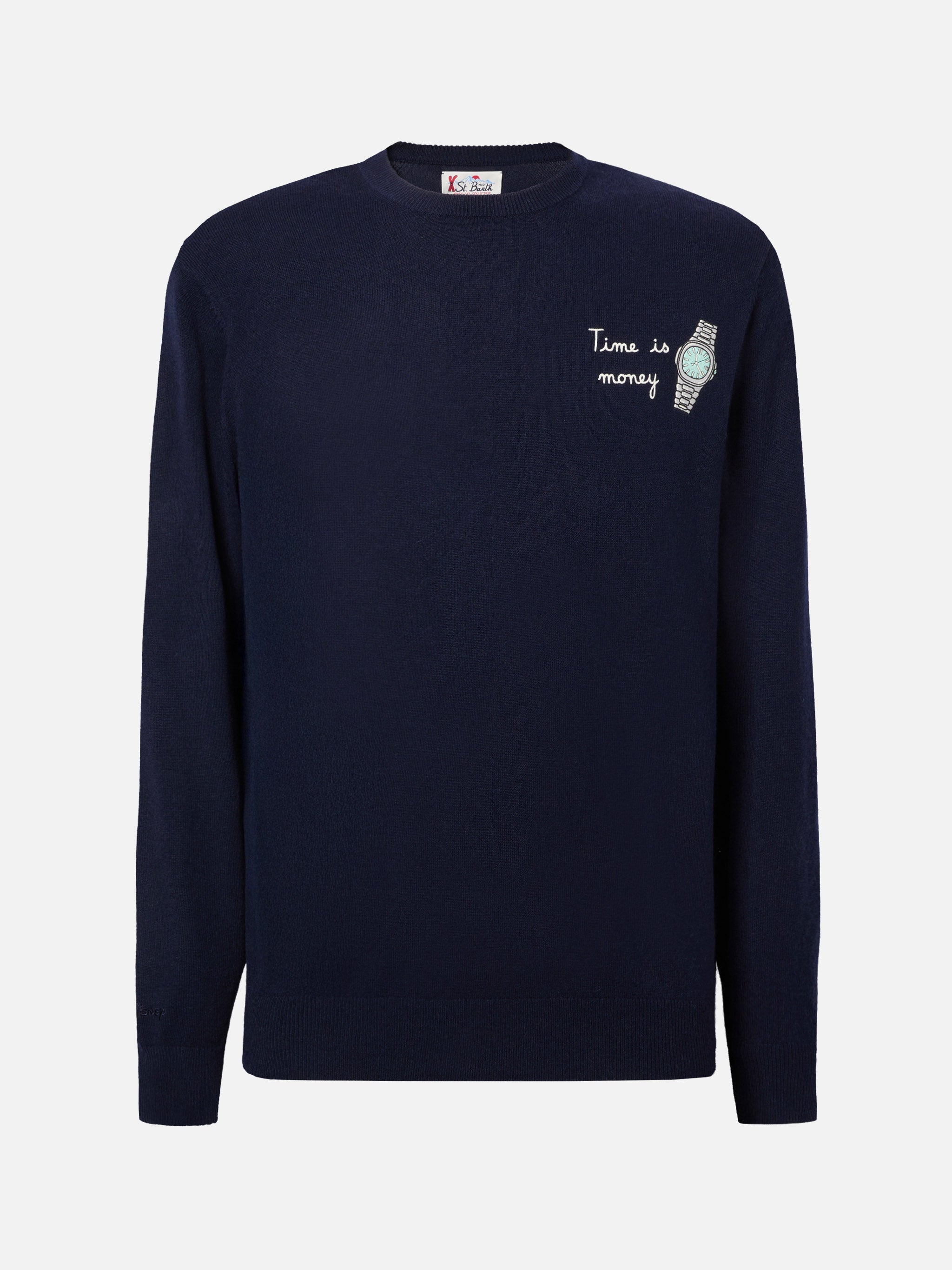 Crewneck Sweater Heron Light With Time Is Money Clock Embroidery Blue