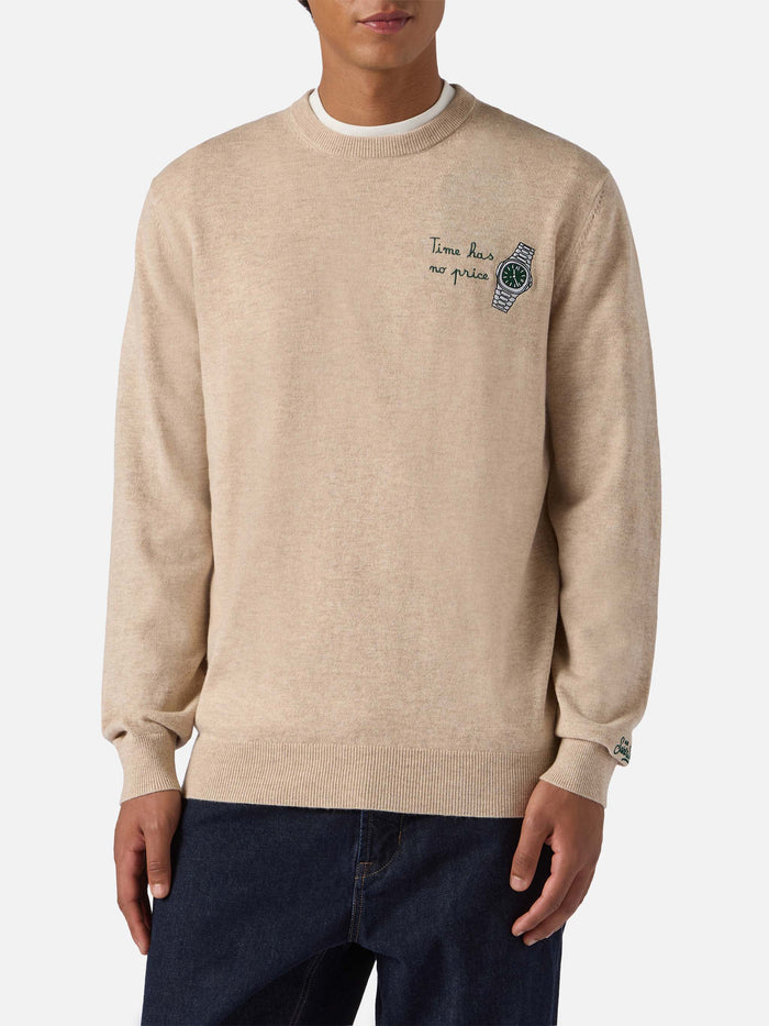 Crewneck Sweater Heron Light With Time Has No Price Clock Embroidery Brown