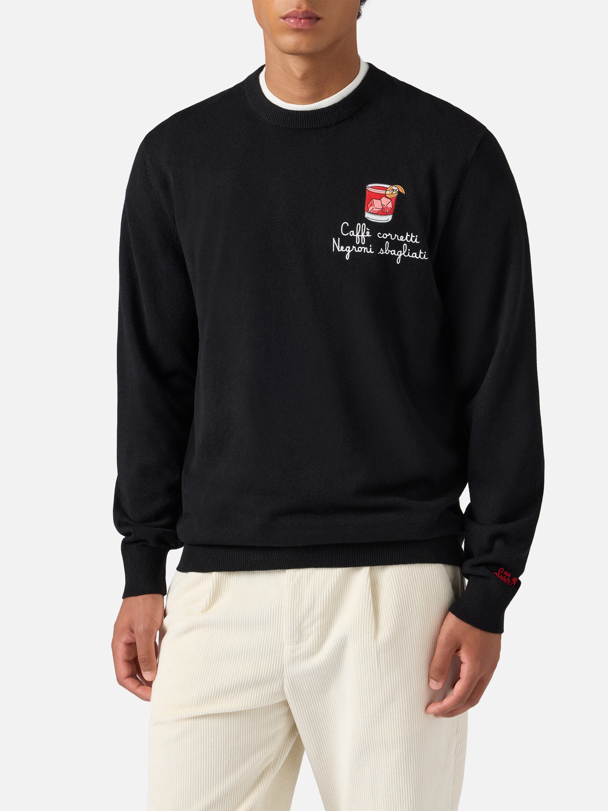 Crewneck Sweater Heron Light With Caffè Corretti Negroni Sbagliati Embroidery Black