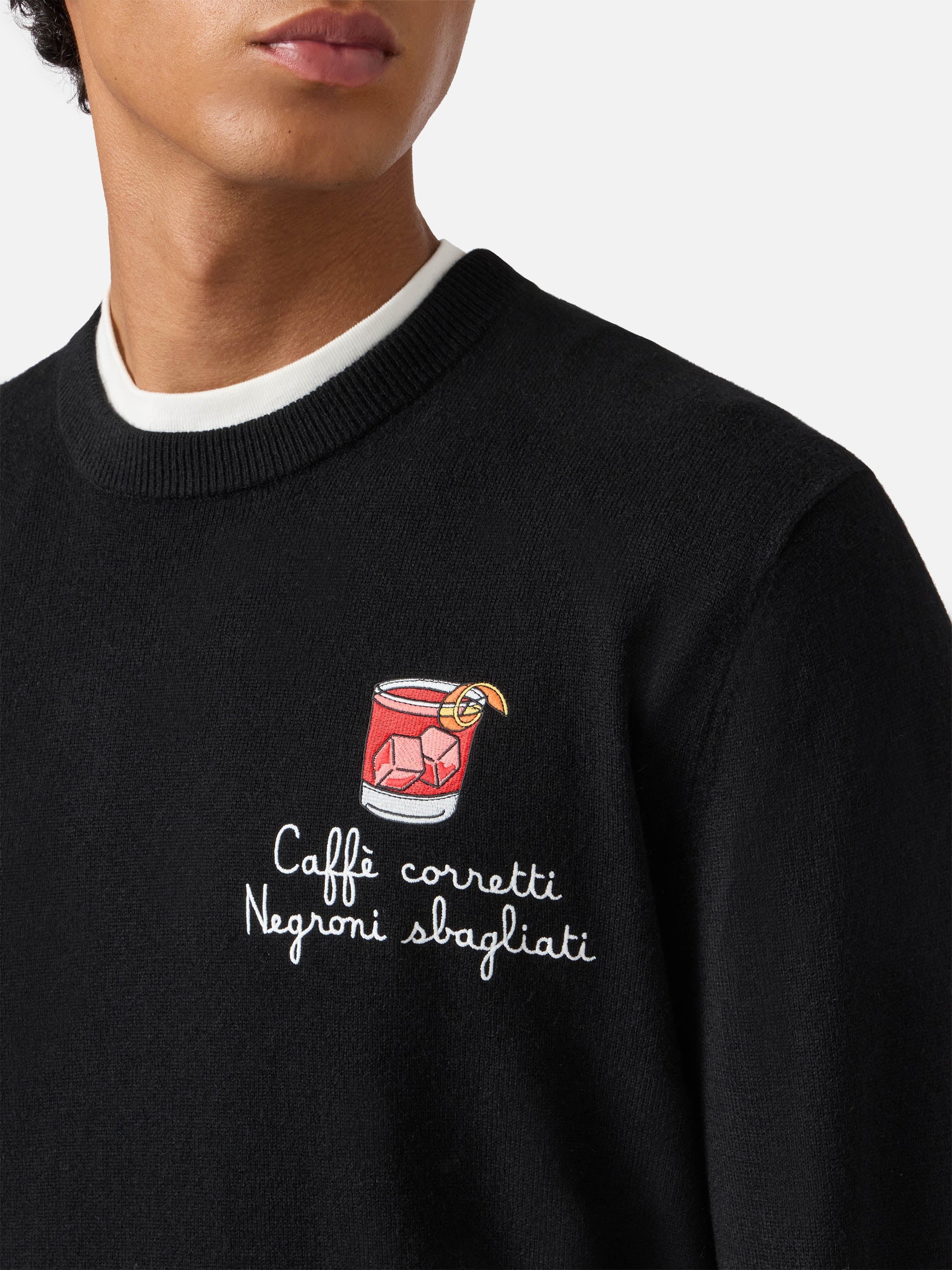Crewneck Sweater Heron Light With Caffè Corretti Negroni Sbagliati Embroidery Black