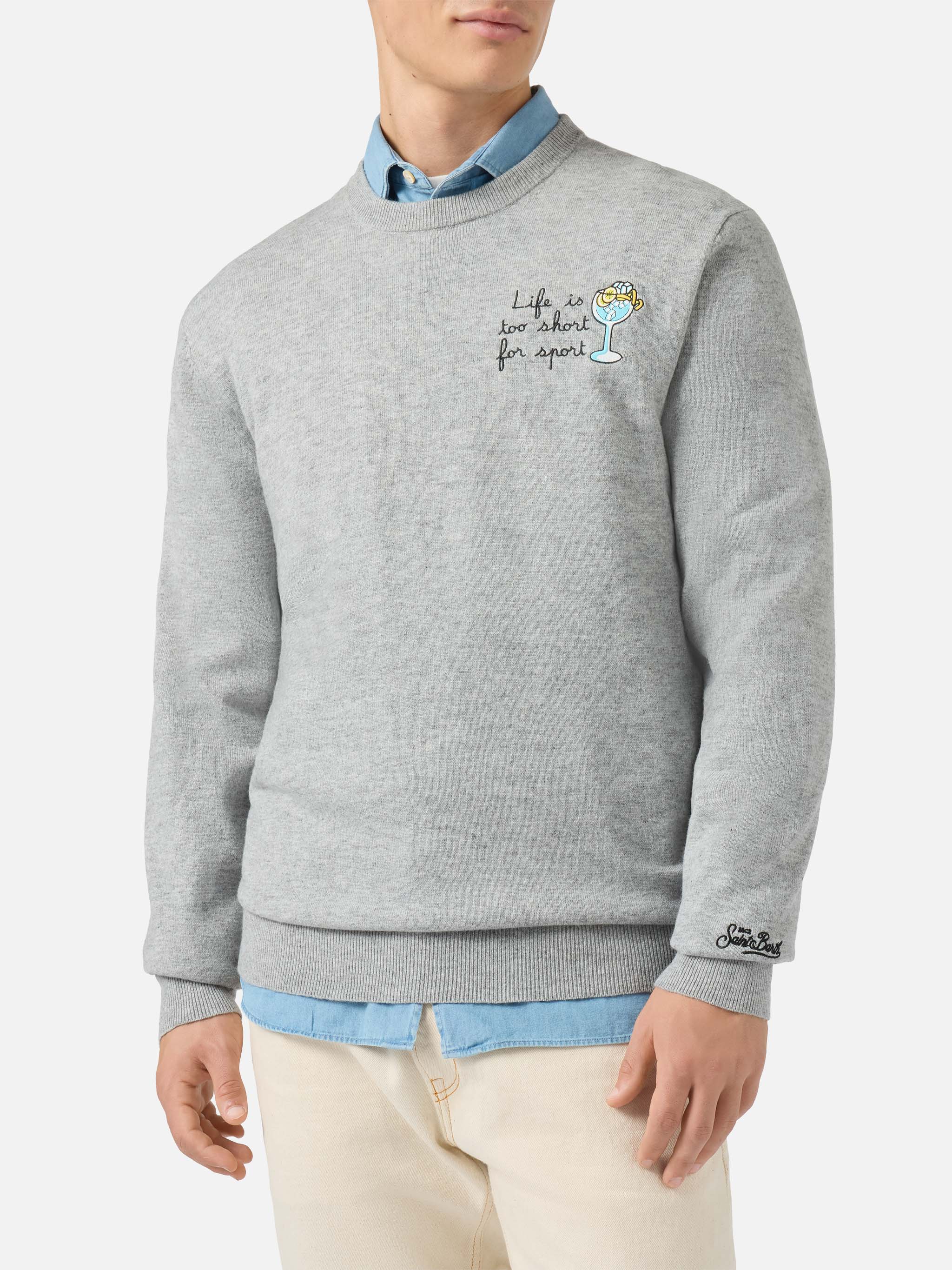 Crewneck Sweater Heron Light With Life Is Too Short For Sport Embroidery Grey