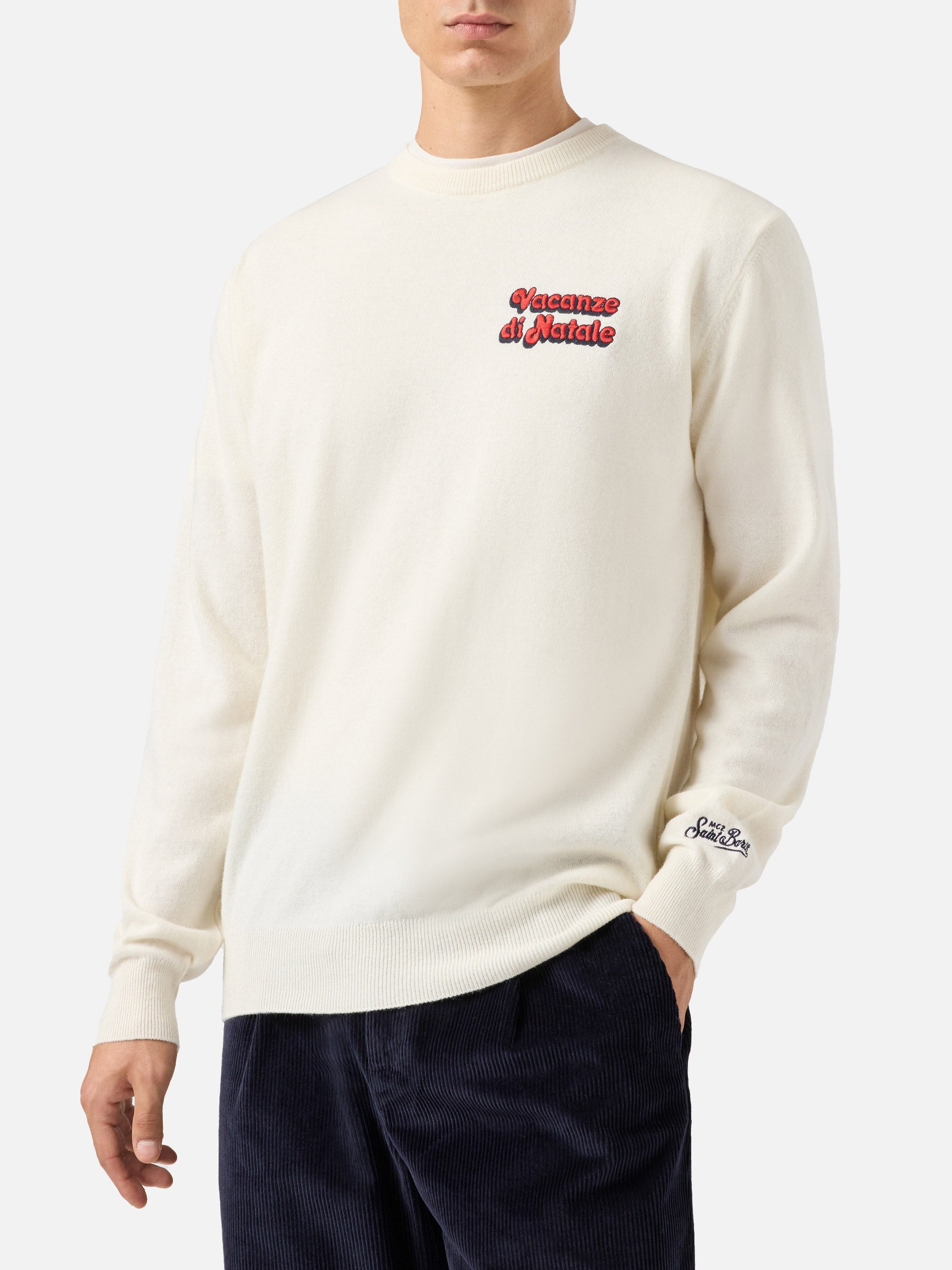 Crewneck Heron Light With Vacanze Di Natale Embroidery | Special Edition White