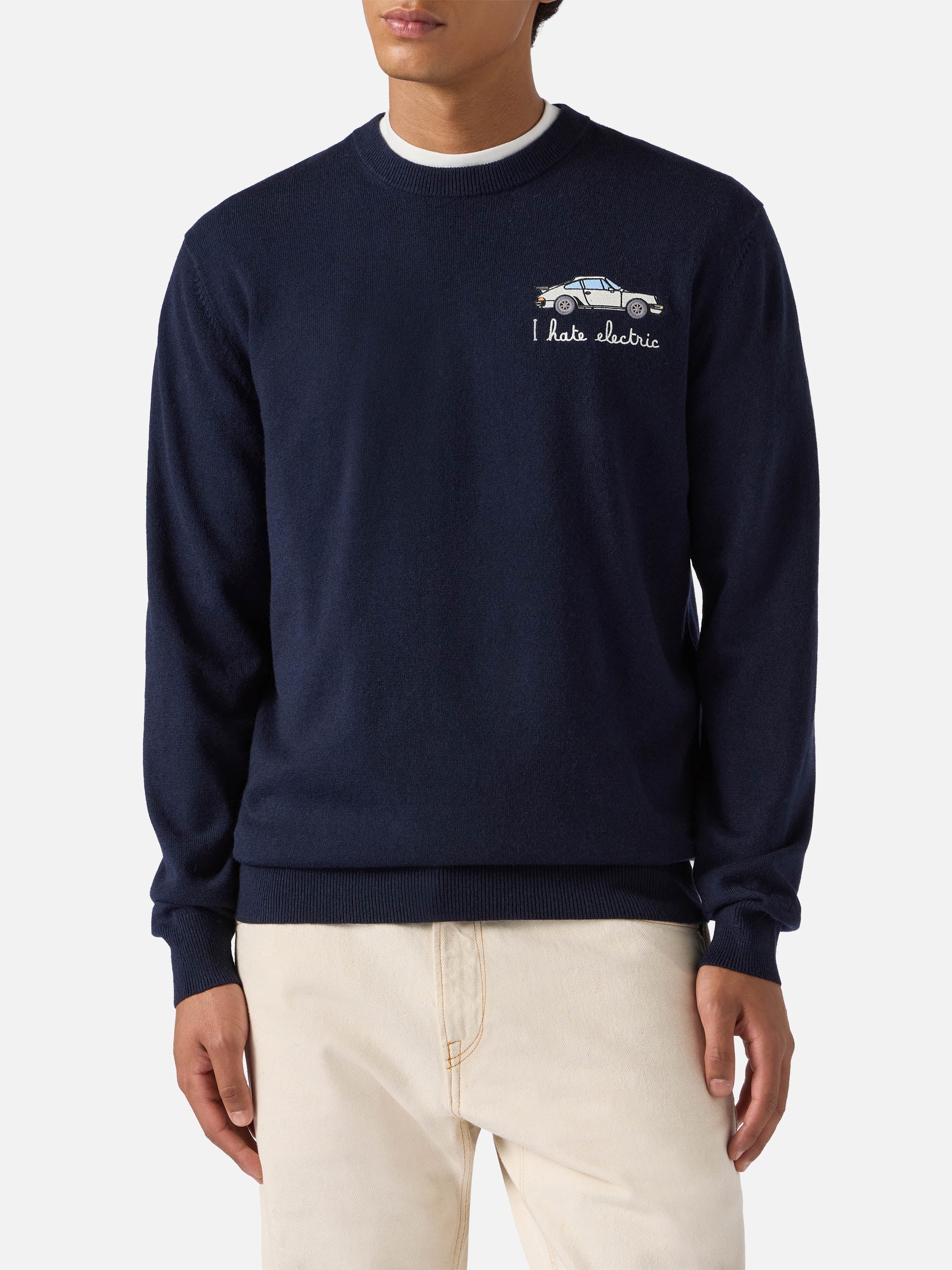 Crewneck Sweater Heron Light With I Hate Electric Embroidery Blue