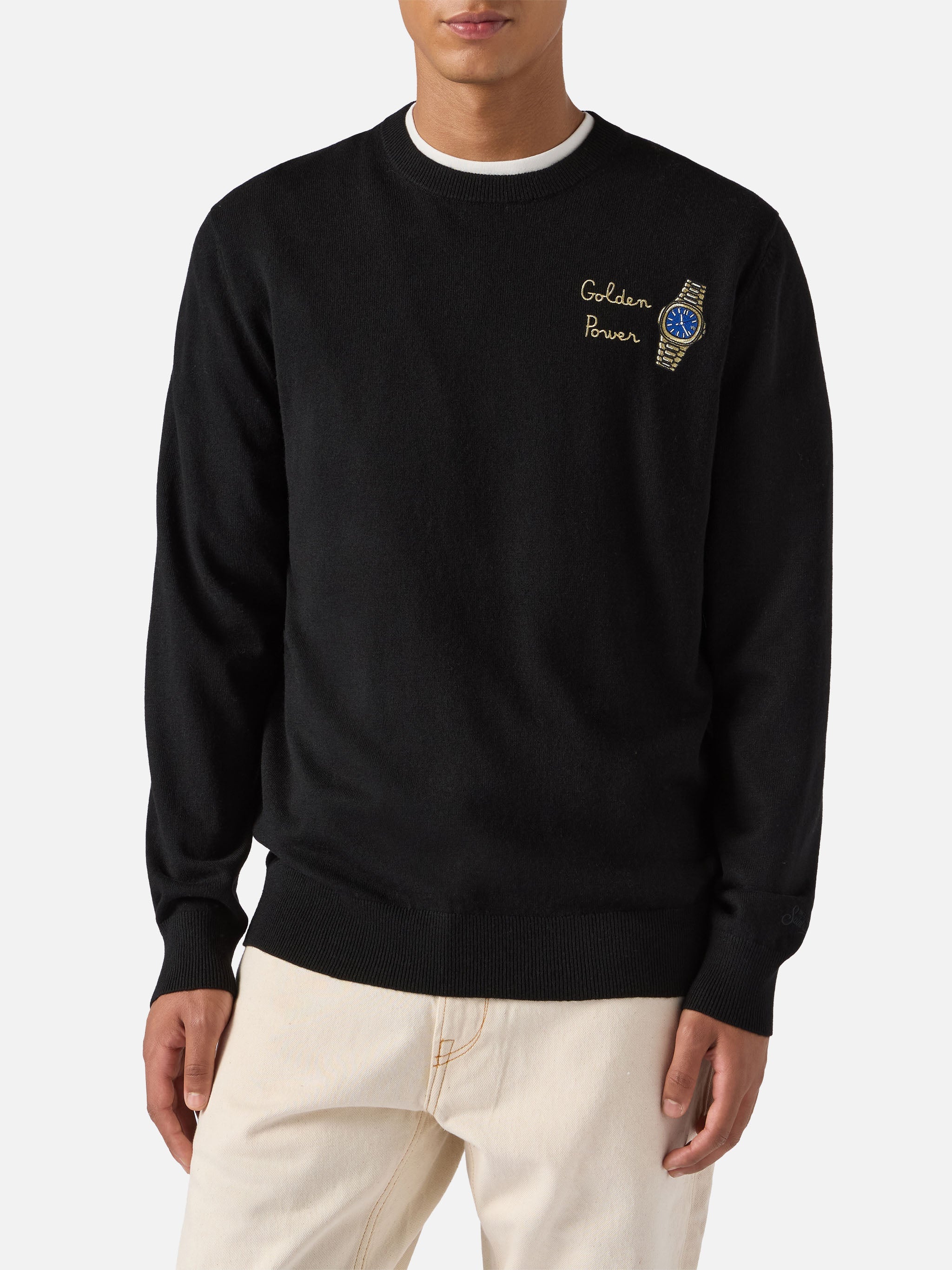 Crewneck Sweater Heron Light With Golden Power Embroidery Black