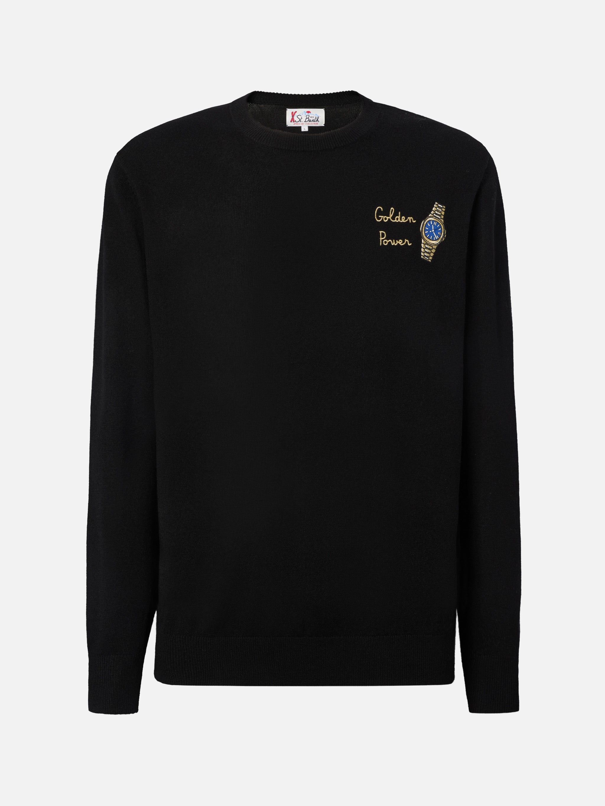 Crewneck Sweater Heron Light With Golden Power Embroidery Black