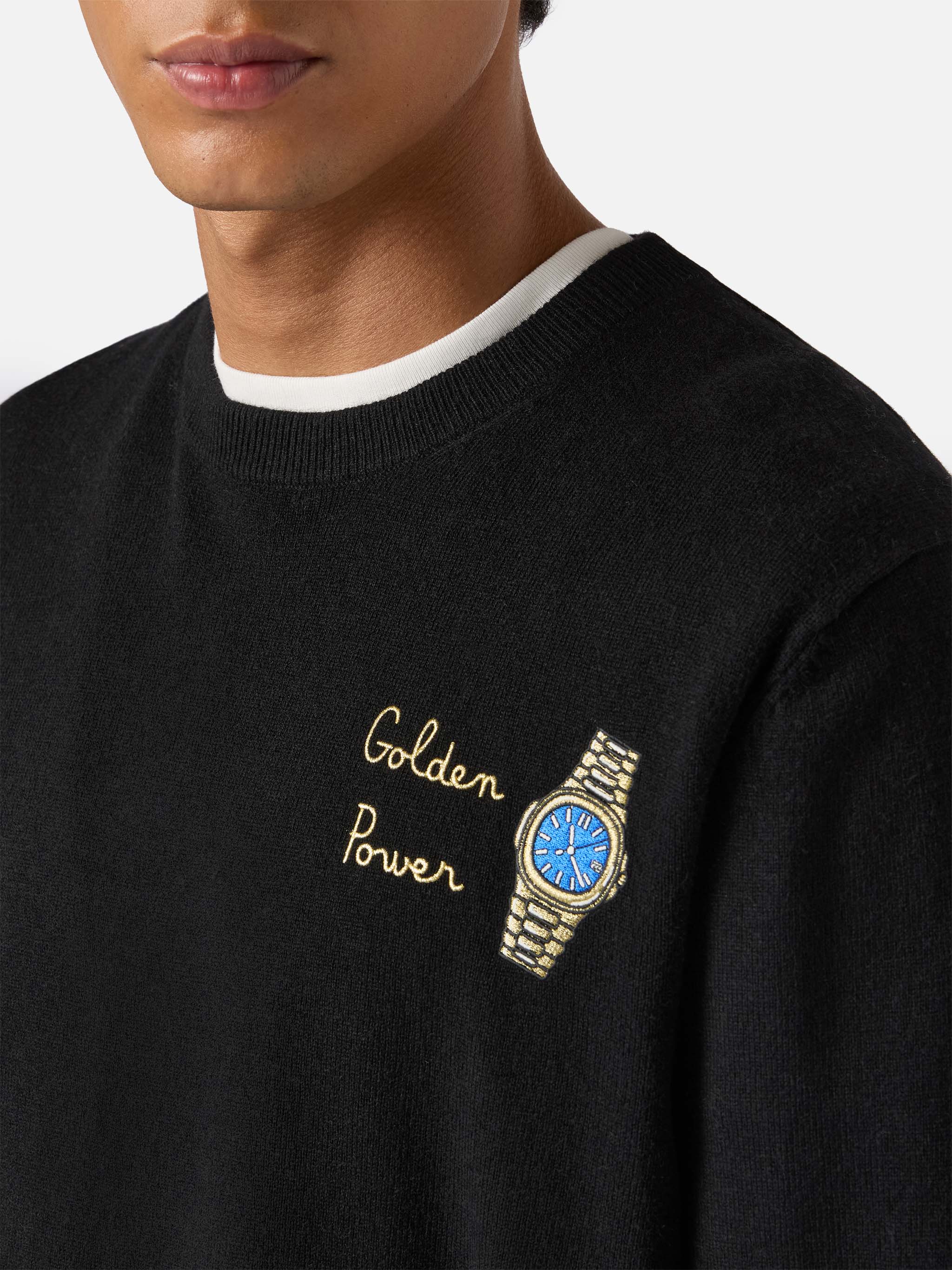 Crewneck Sweater Heron Light With Golden Power Embroidery Black