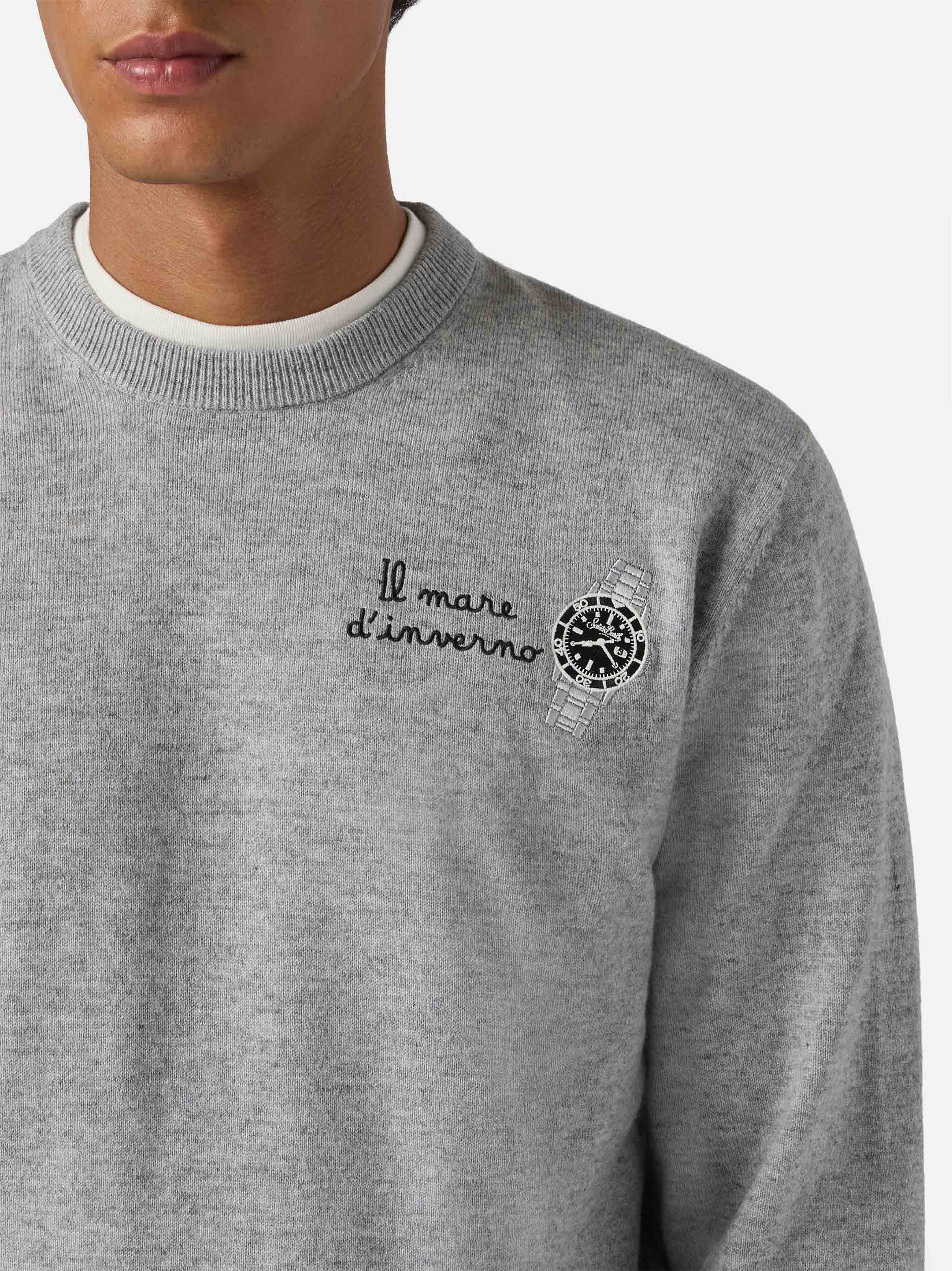 Crewneck Sweater Heron Light With Il Mare Dinverno Embroidery Grey