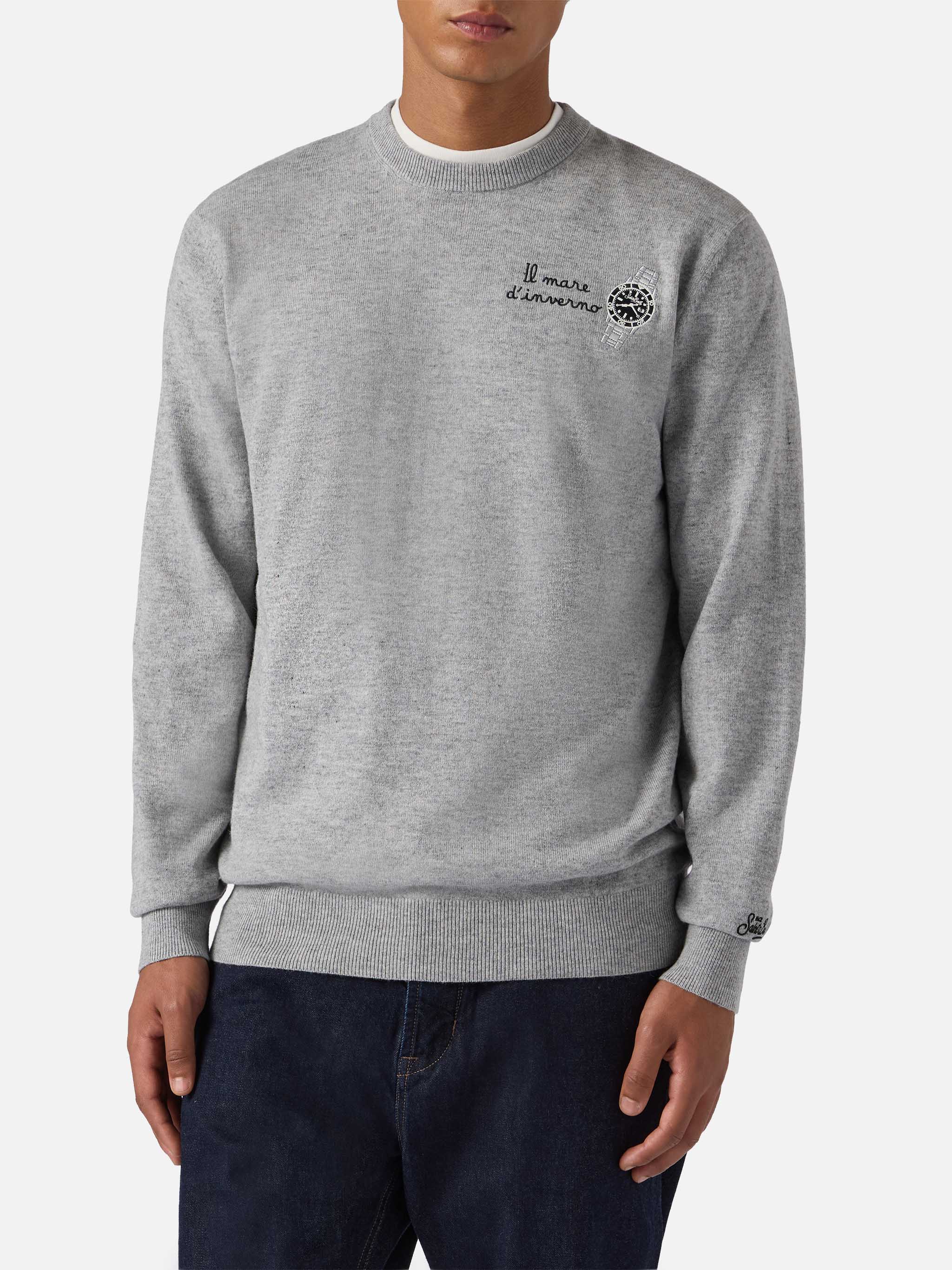 Crewneck Sweater Heron Light With Il Mare Dinverno Embroidery Grey