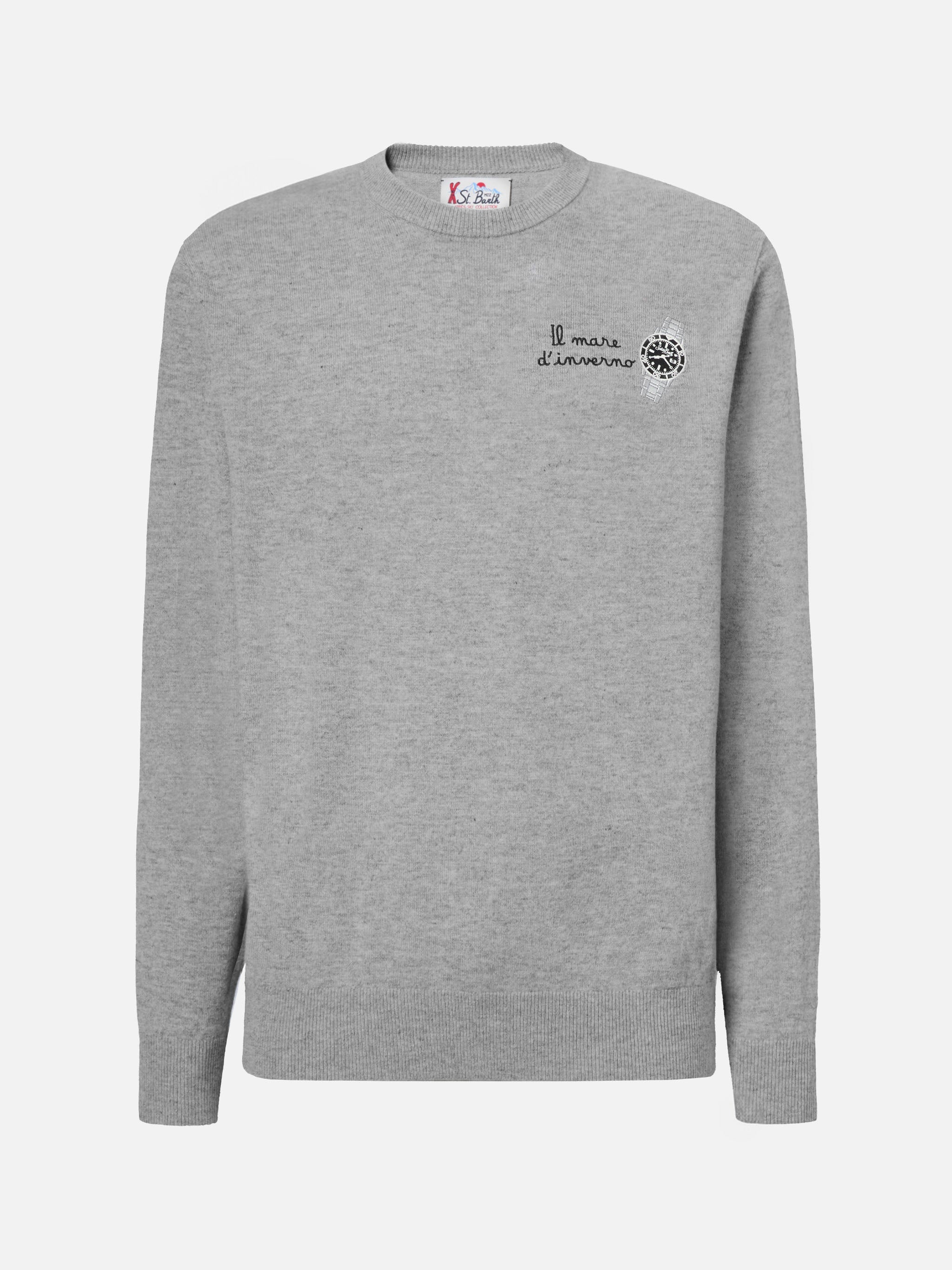 Crewneck Sweater Heron Light With Il Mare Dinverno Embroidery Grey