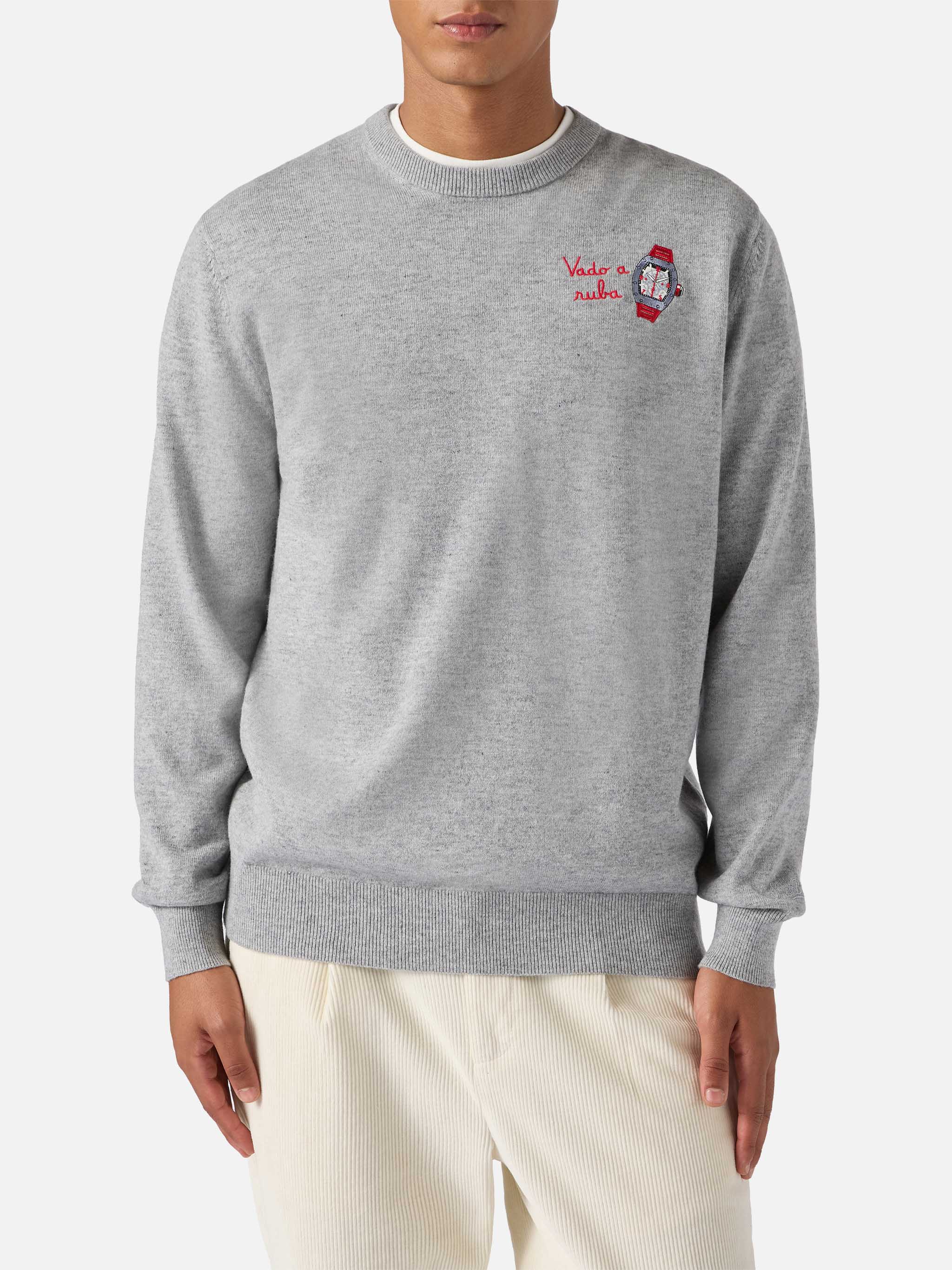 Crewneck Sweater Heron Light With Vado A Ruba Embroidery Grey