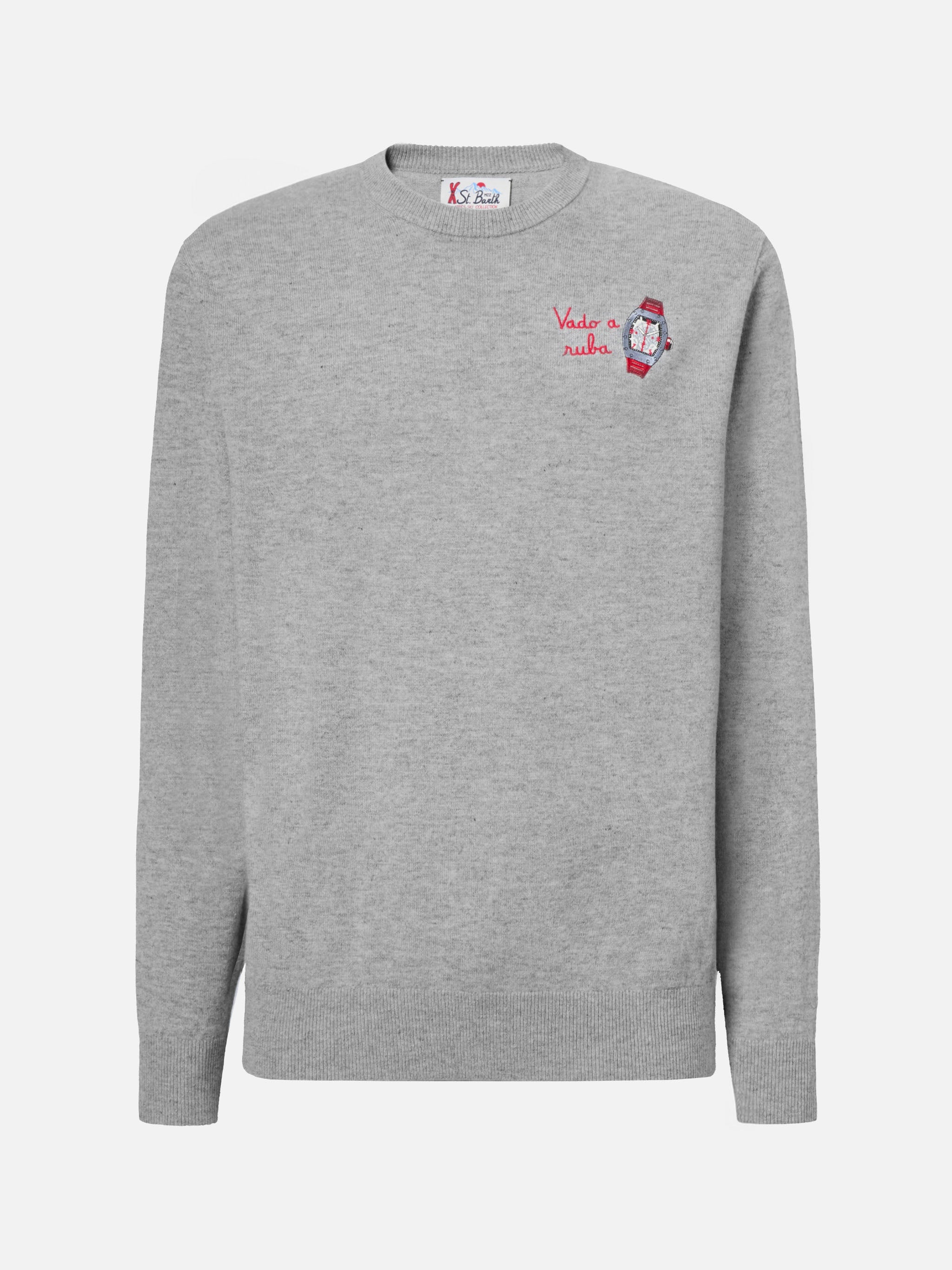 Crewneck Sweater Heron Light With Vado A Ruba Embroidery Grey