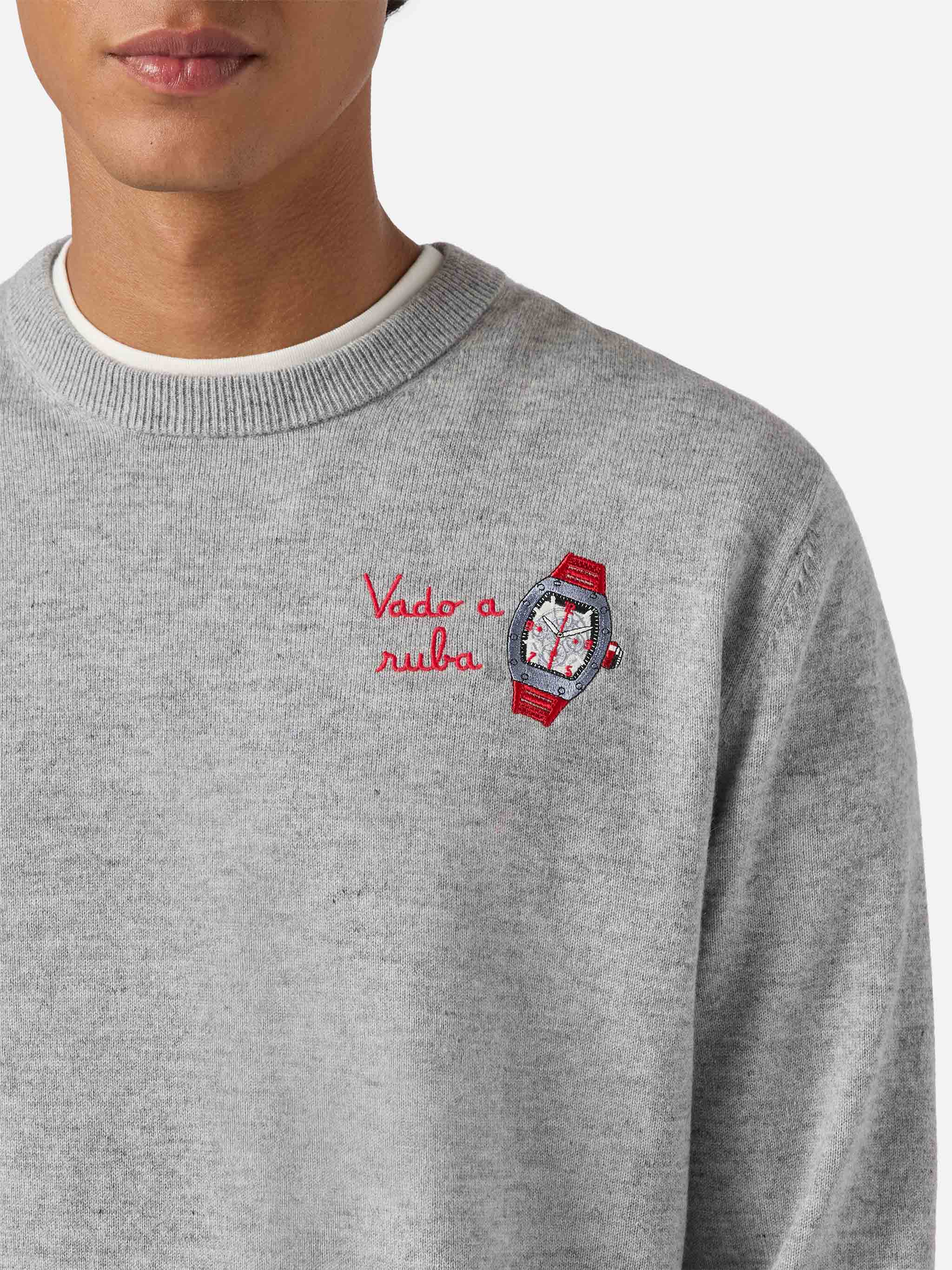 Crewneck Sweater Heron Light With Vado A Ruba Embroidery Grey