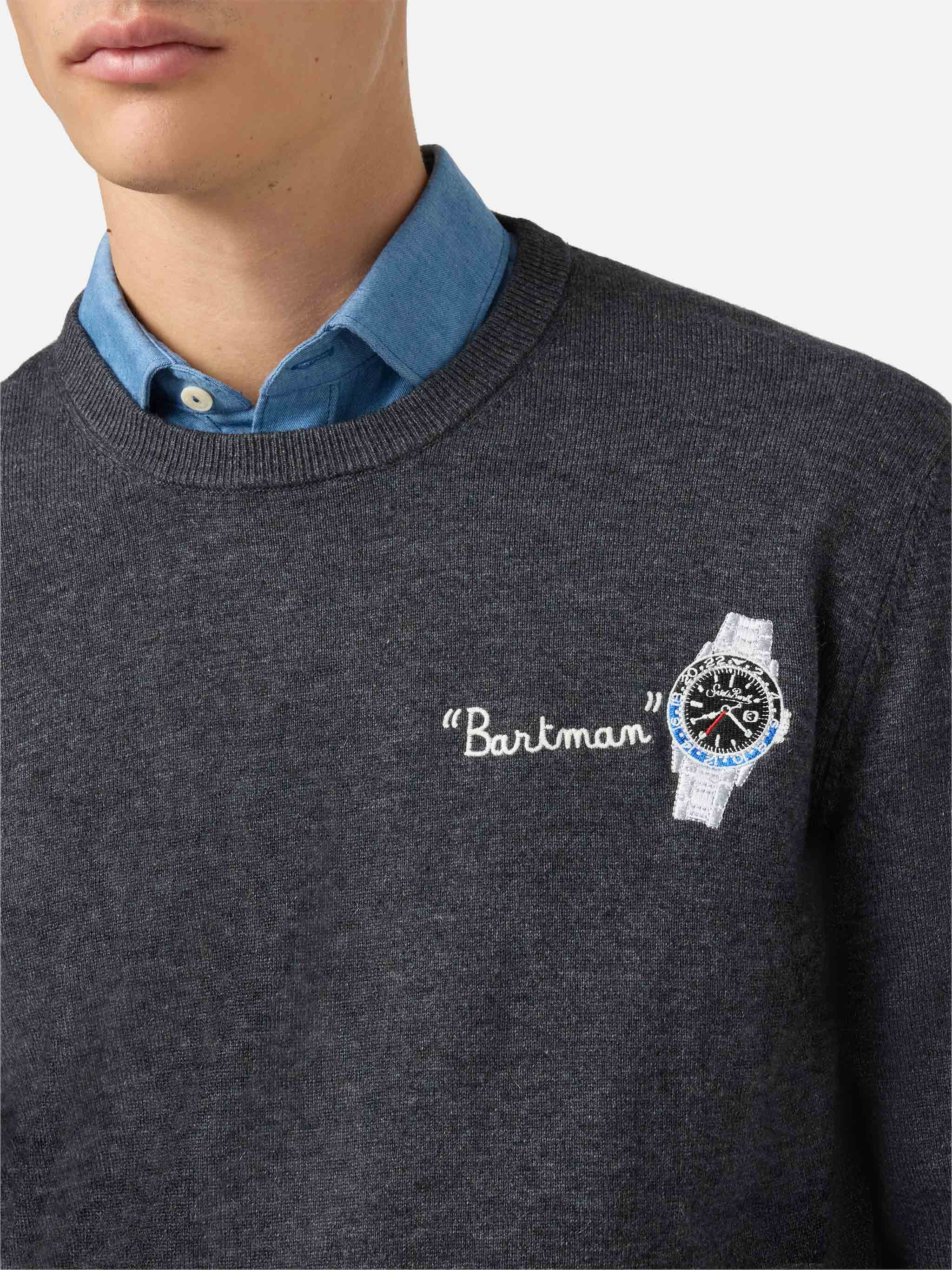 Crewneck Sweater Heron Light With Bartman Embroidery Grey