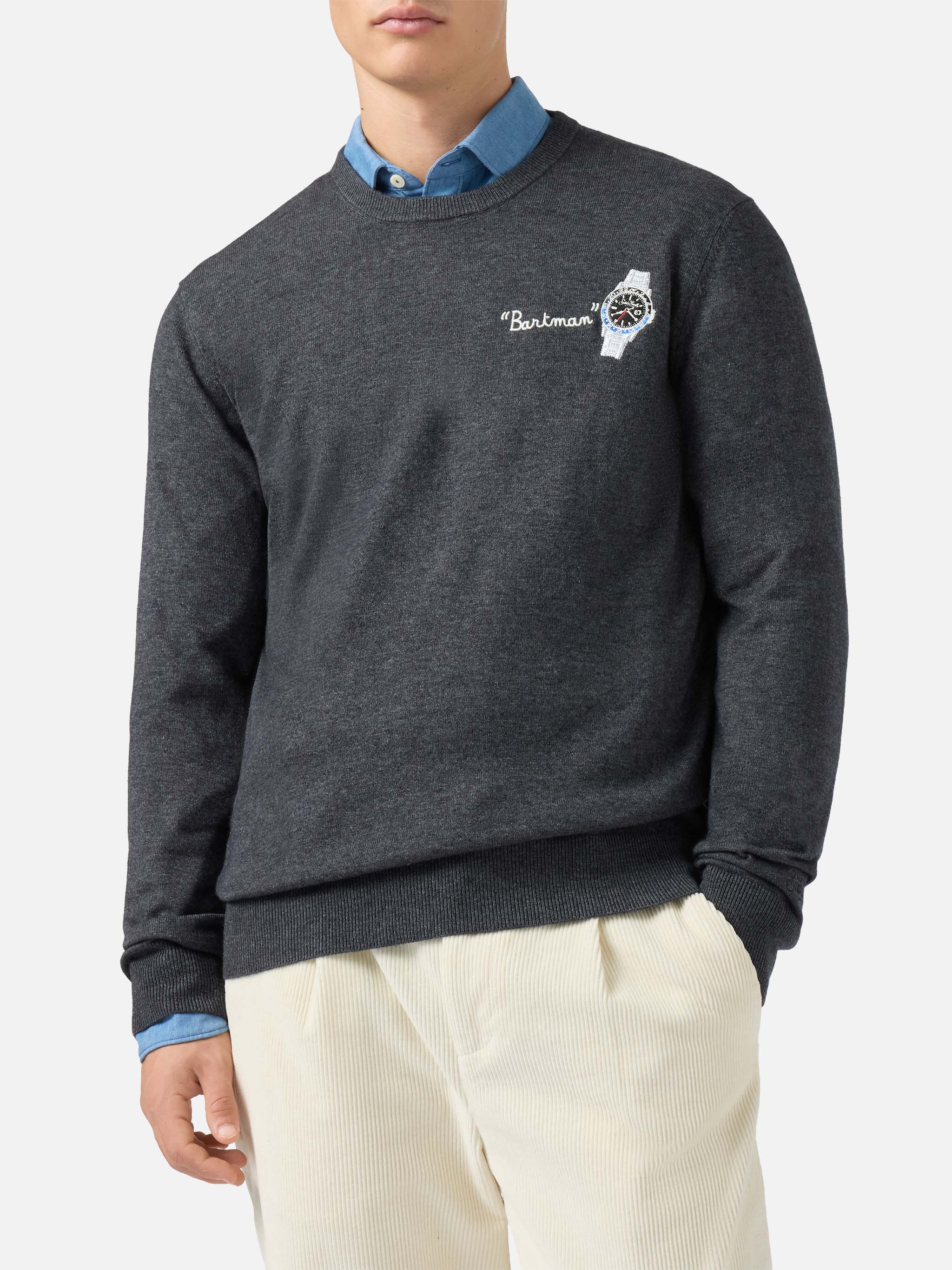 Crewneck Sweater Heron Light With Bartman Embroidery Grey