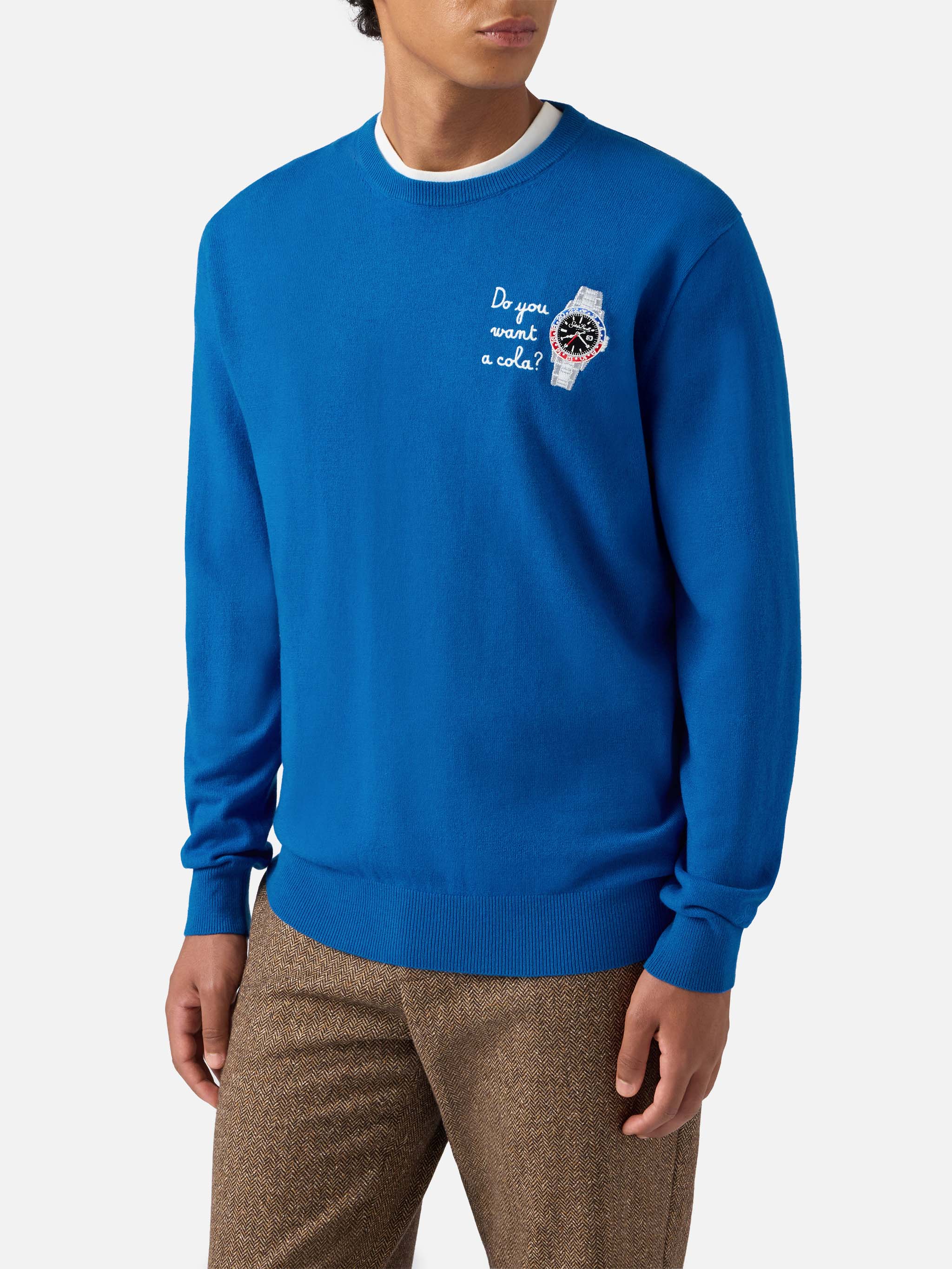 Crewneck Sweater Heron Light With Do You Want A Cola? Embroidery Blue