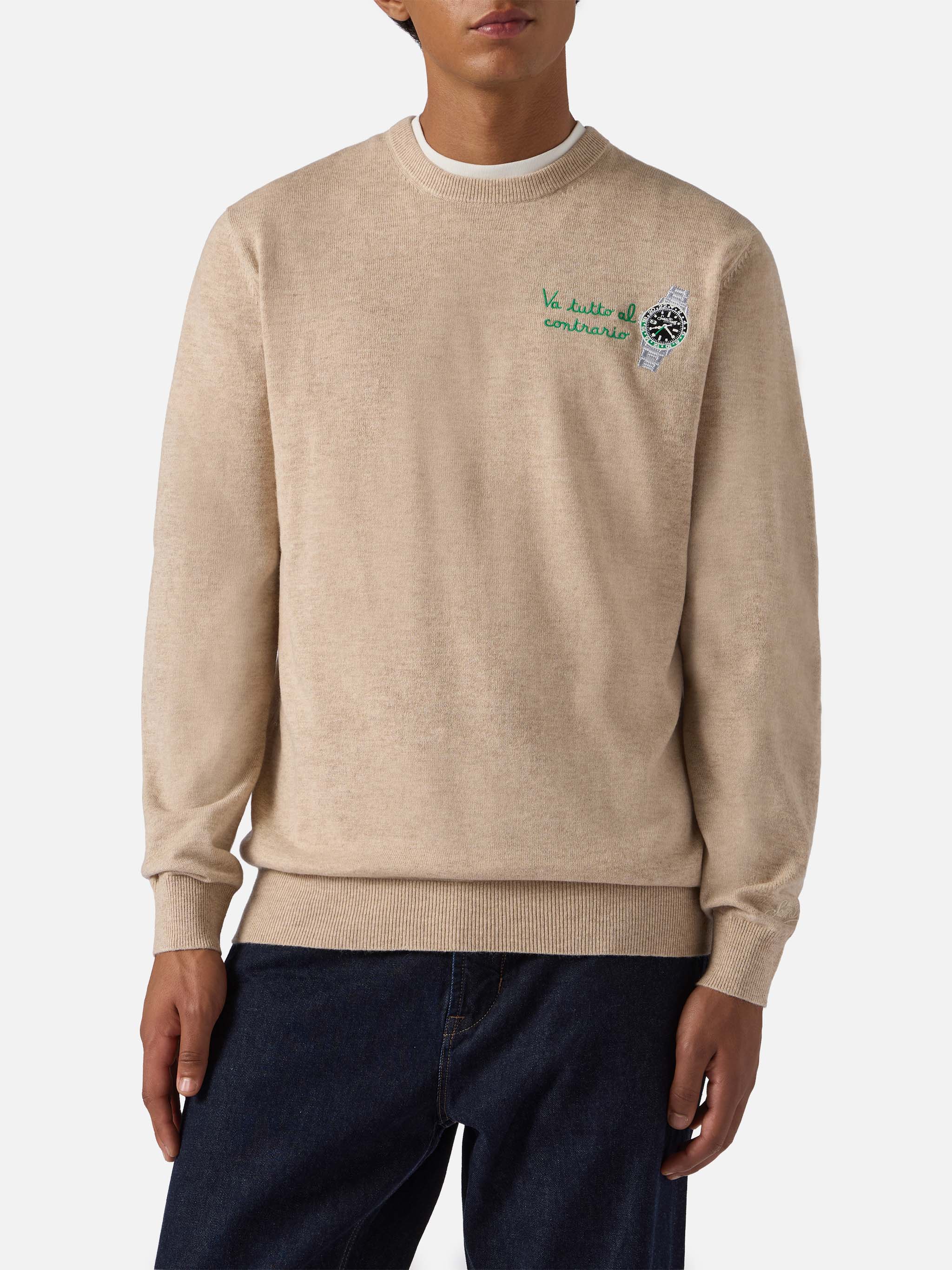 Crewneck Sweater Heron Light With Va Tutto Al Contrario Embroidery Brown
