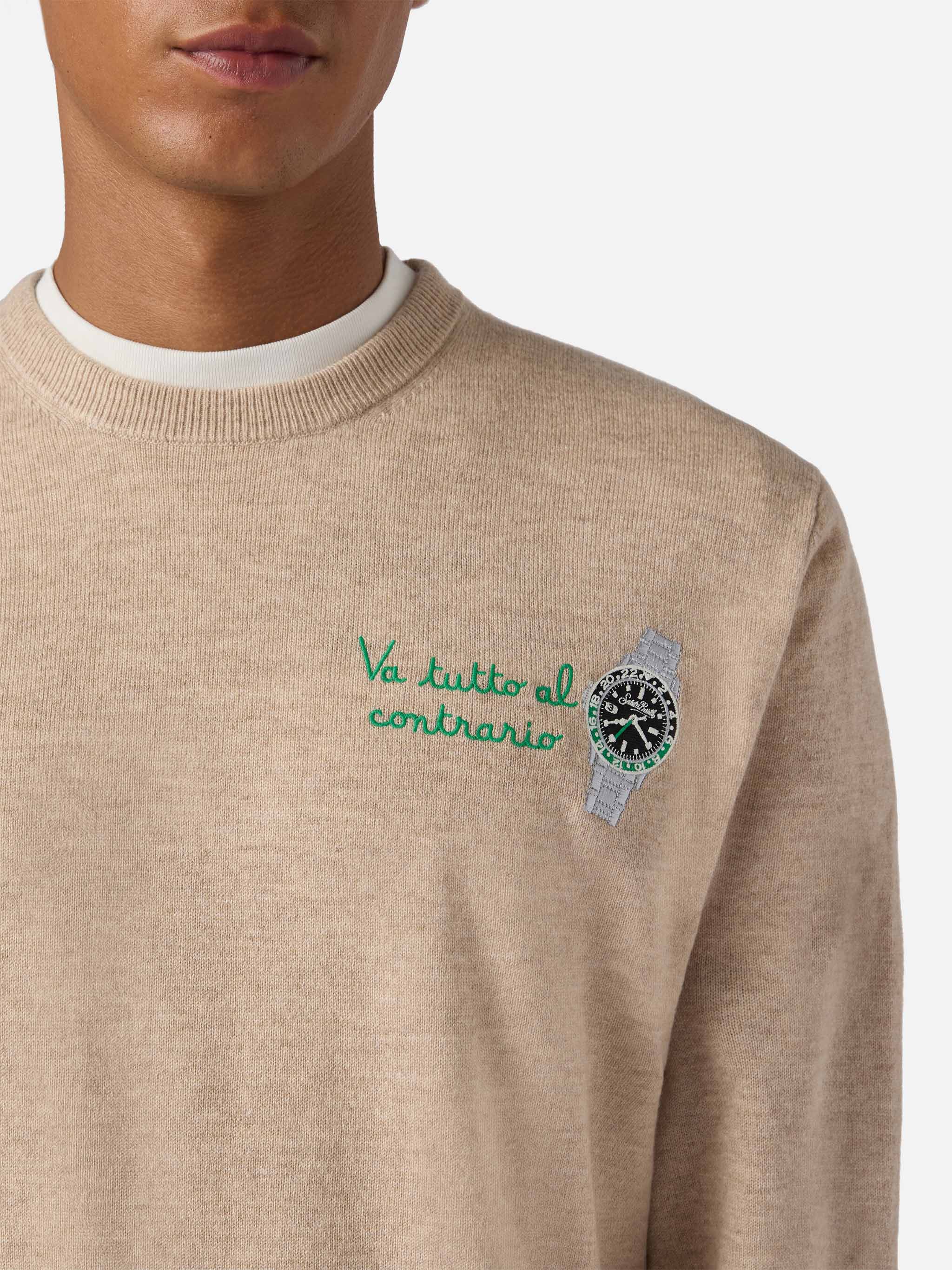Crewneck Sweater Heron Light With Va Tutto Al Contrario Embroidery Brown