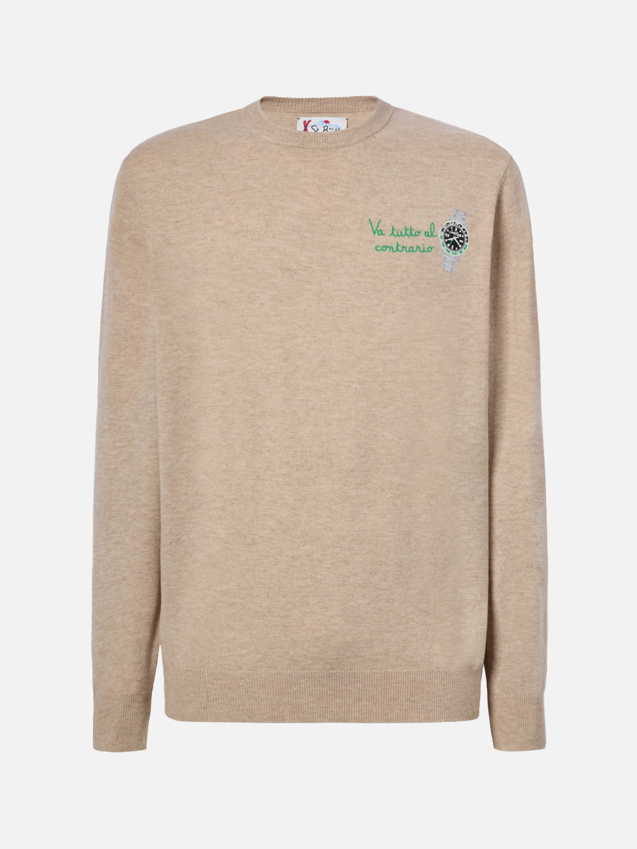 Crewneck Sweater Heron Light With Va Tutto Al Contrario Embroidery Brown