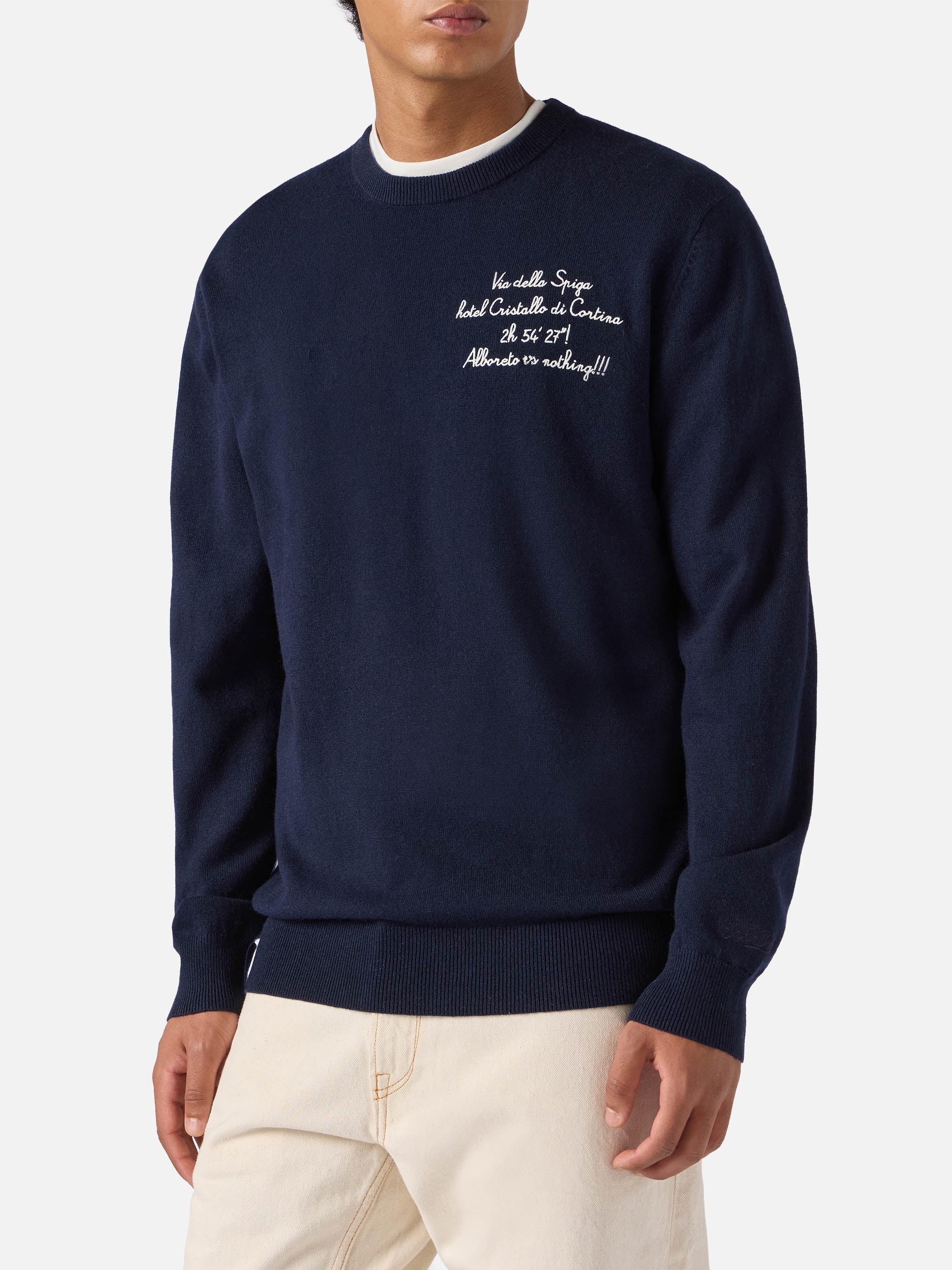 Crewneck Heron Light With Via Della Spiga… Alboreto Is Nothing! Embroidery | Vacanze Di Natale Special Edition Blue