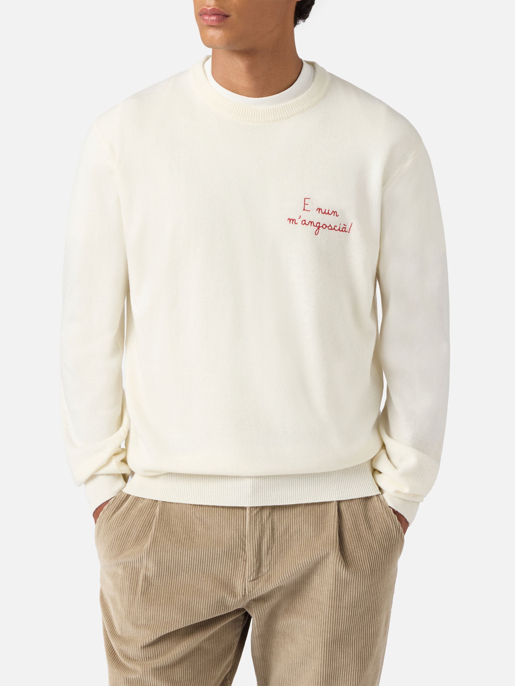 Crewneck Heron Light With E Nun Mangoscià Embroidery | Vacanze Di Natale Special Edition White