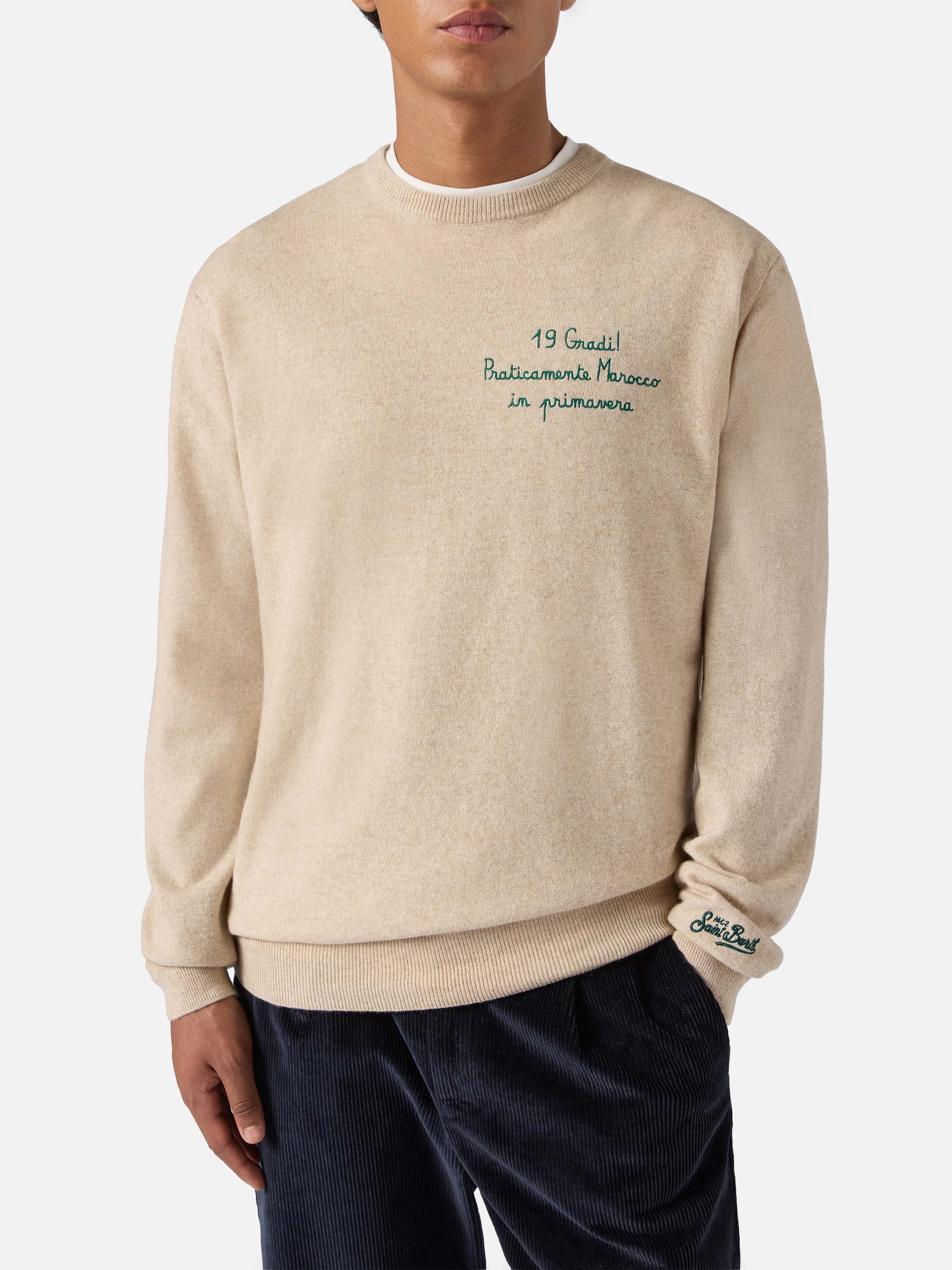 Crewneck Sweater Heron Light With 19 Gradi. Praticamente Marocco Primavera! Embroidery | Yuppies Special Edition Brown