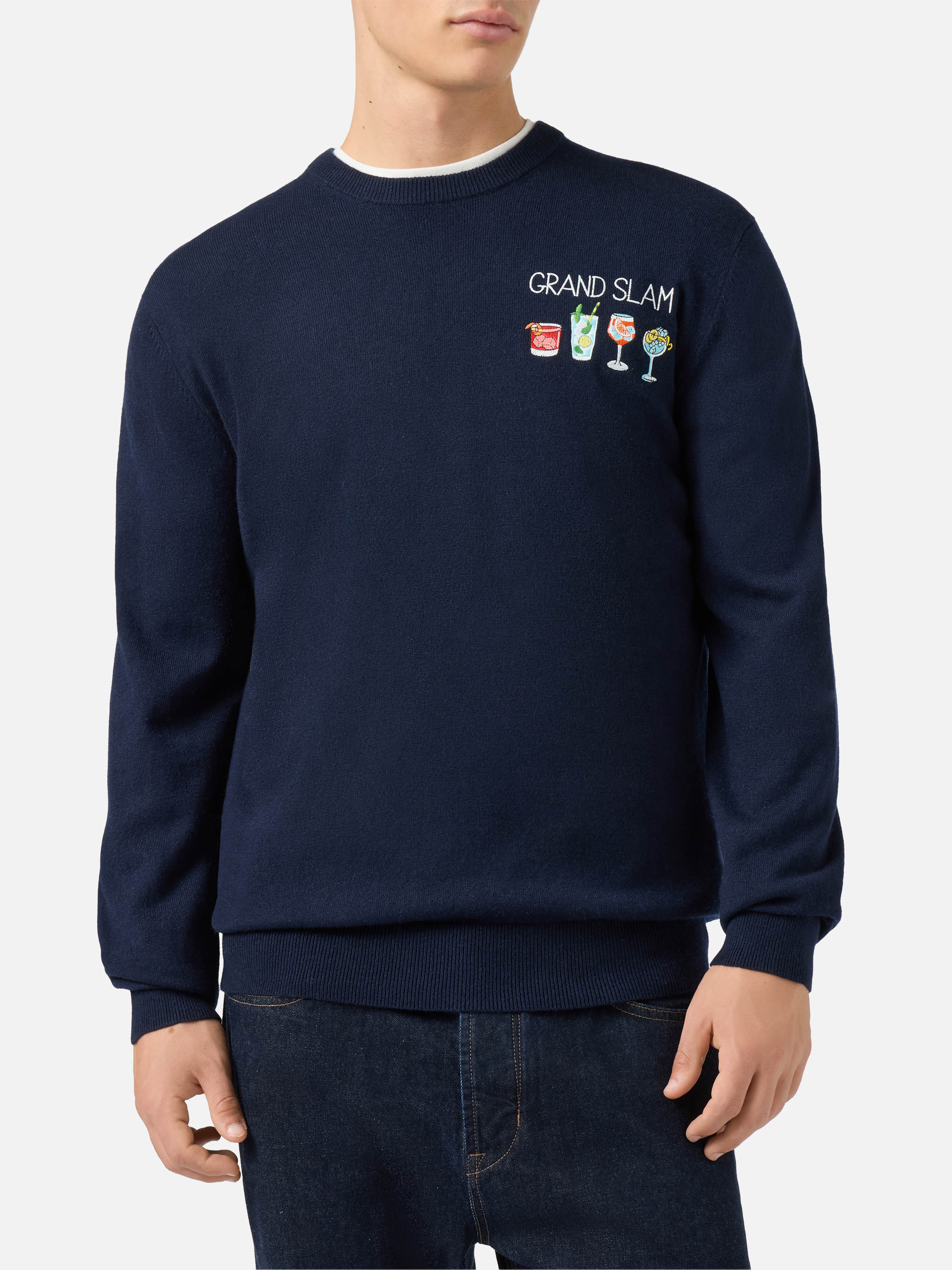 Crewneck Sweater Heron Light With Grand Slam Embroidery Blue