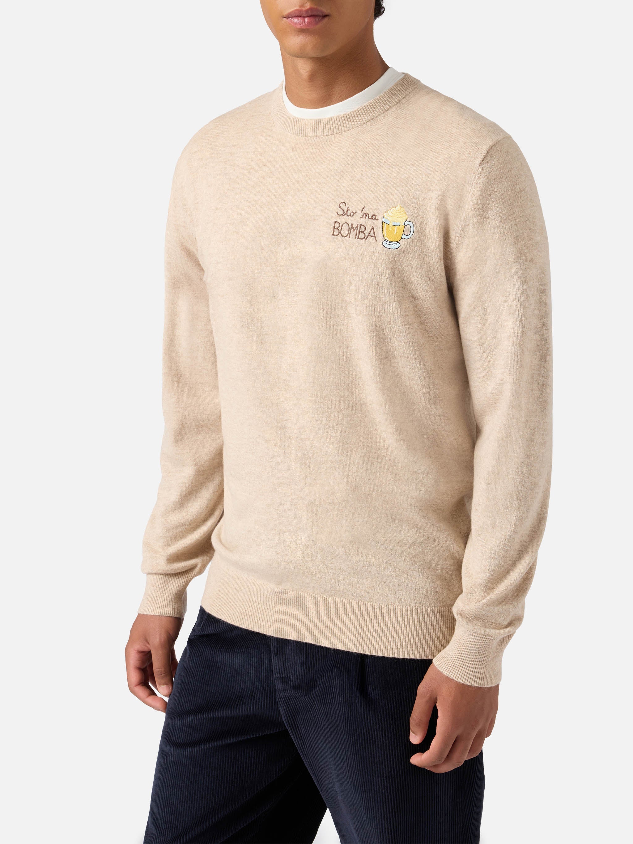 Crewneck Sweater Heron Light With Sto Na Bomba Embroidery Brown