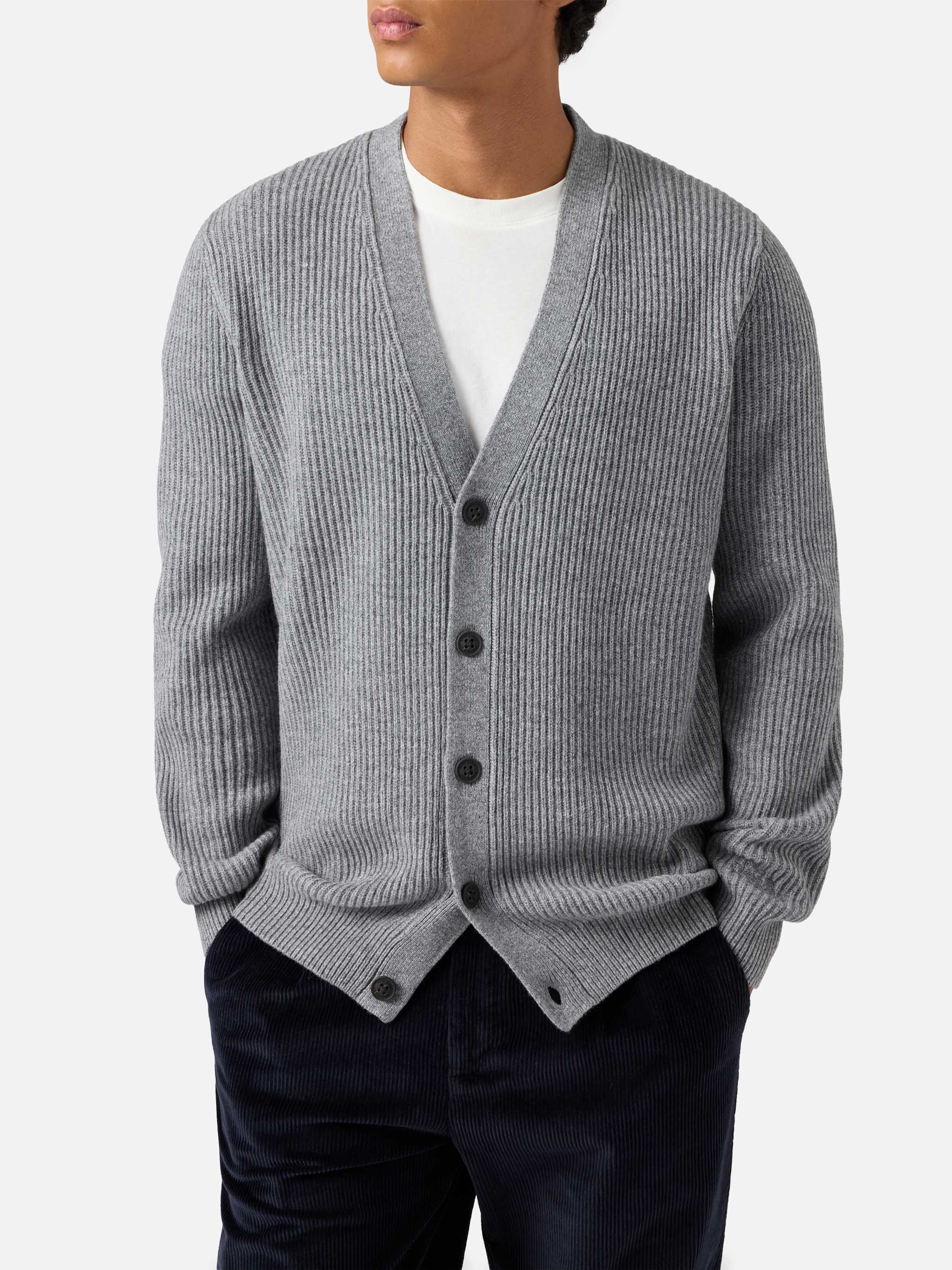 Herrison Pure-Wool Cardigan Grey Melange With English Rib Knit
