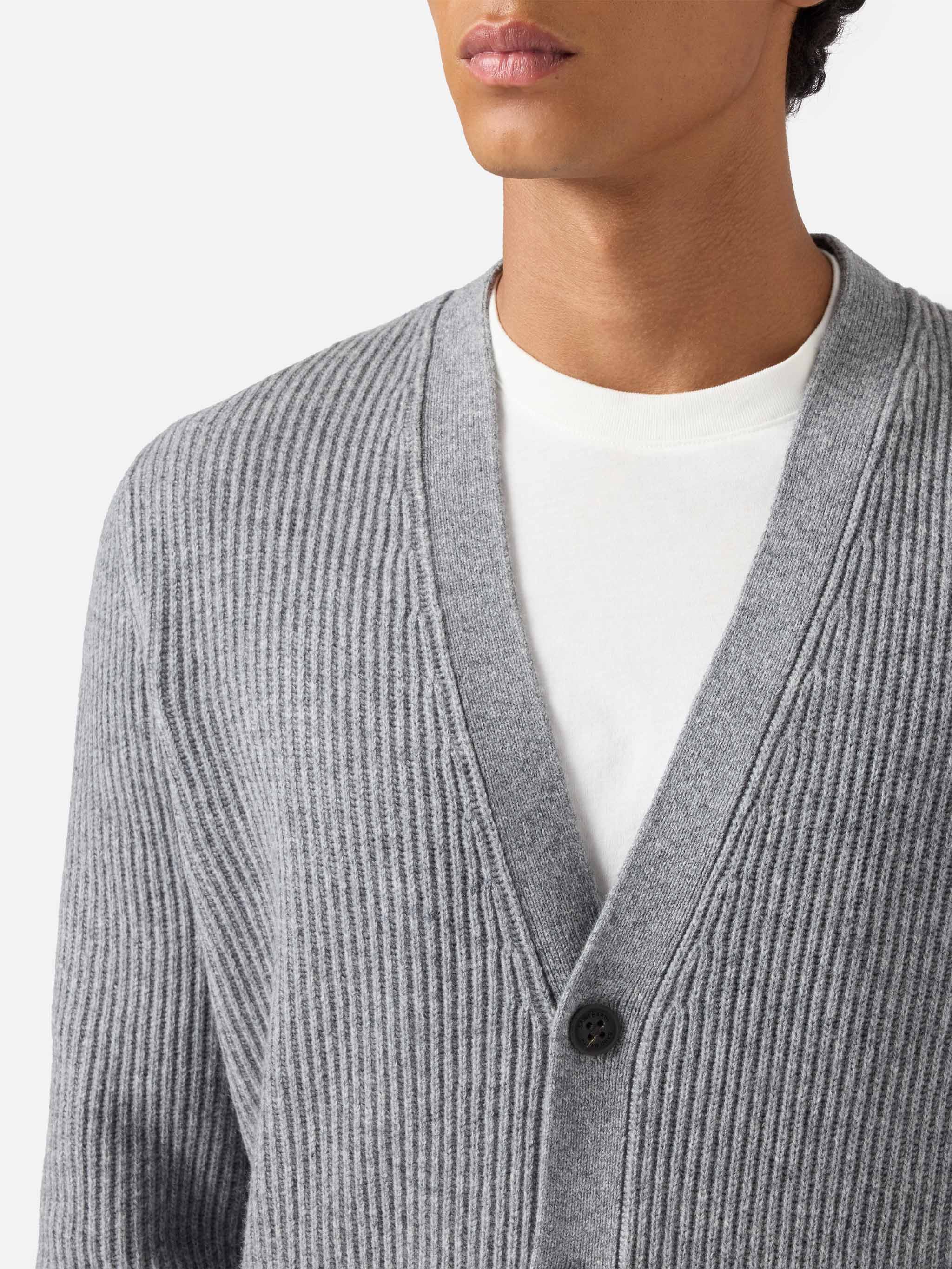 Herrison Pure-Wool Cardigan Grey Melange With English Rib Knit