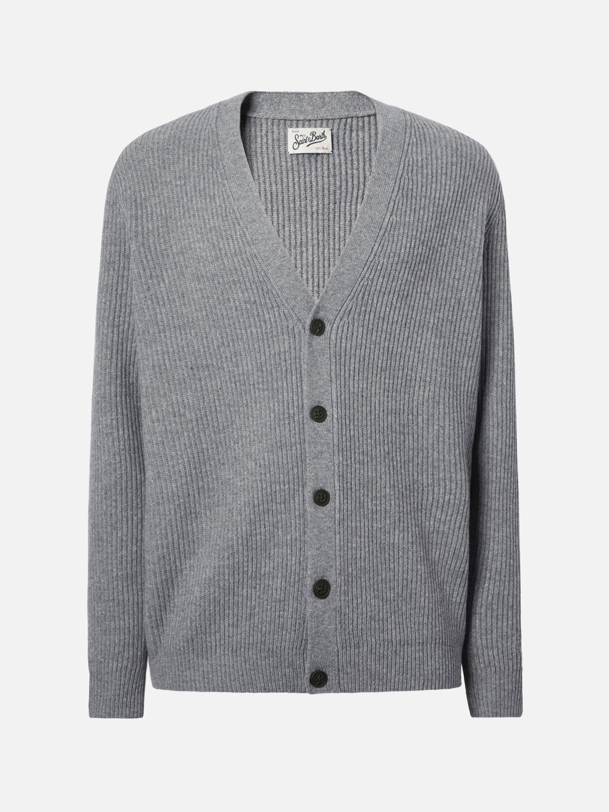 Herrison Pure-Wool Cardigan Grey Melange With English Rib Knit