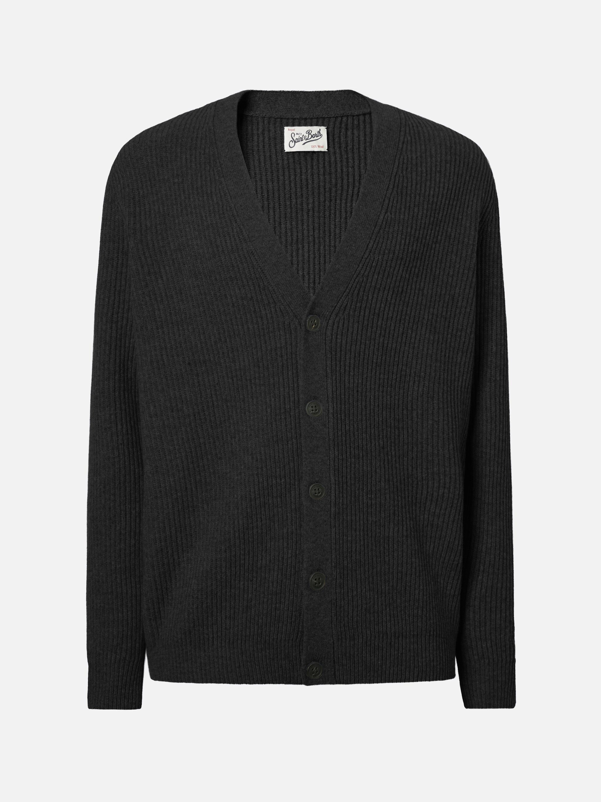 Herrison Cardigan Black Wool With English Rib Knit